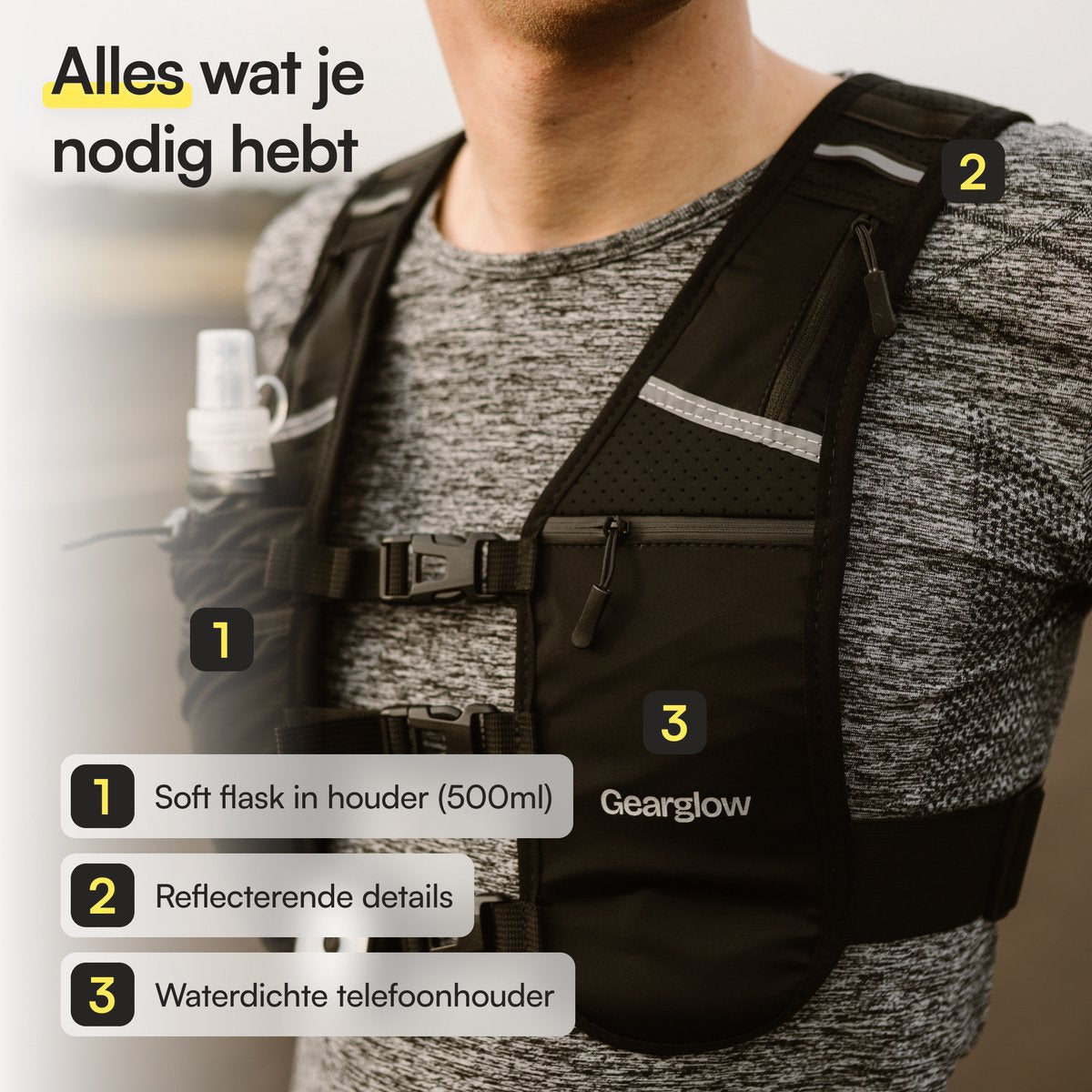 GearGlow® Hardloopvest met Drinken en Telefoonhouder - Soft Flask (500ml) Drinkhouder - Running Vest - afbeelding 3