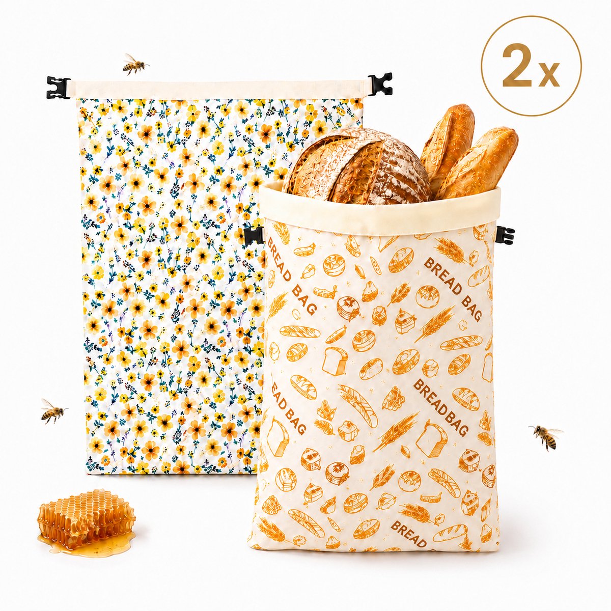 True Livin Bijenwas Broodzak 2-Pack – 43x33 cm – Herbruikbare Broodzakken voor Zelfgebakken Brood & Zuurdesem – Plasticvrij, Ademend en Vriezerbestendig - afbeelding 1