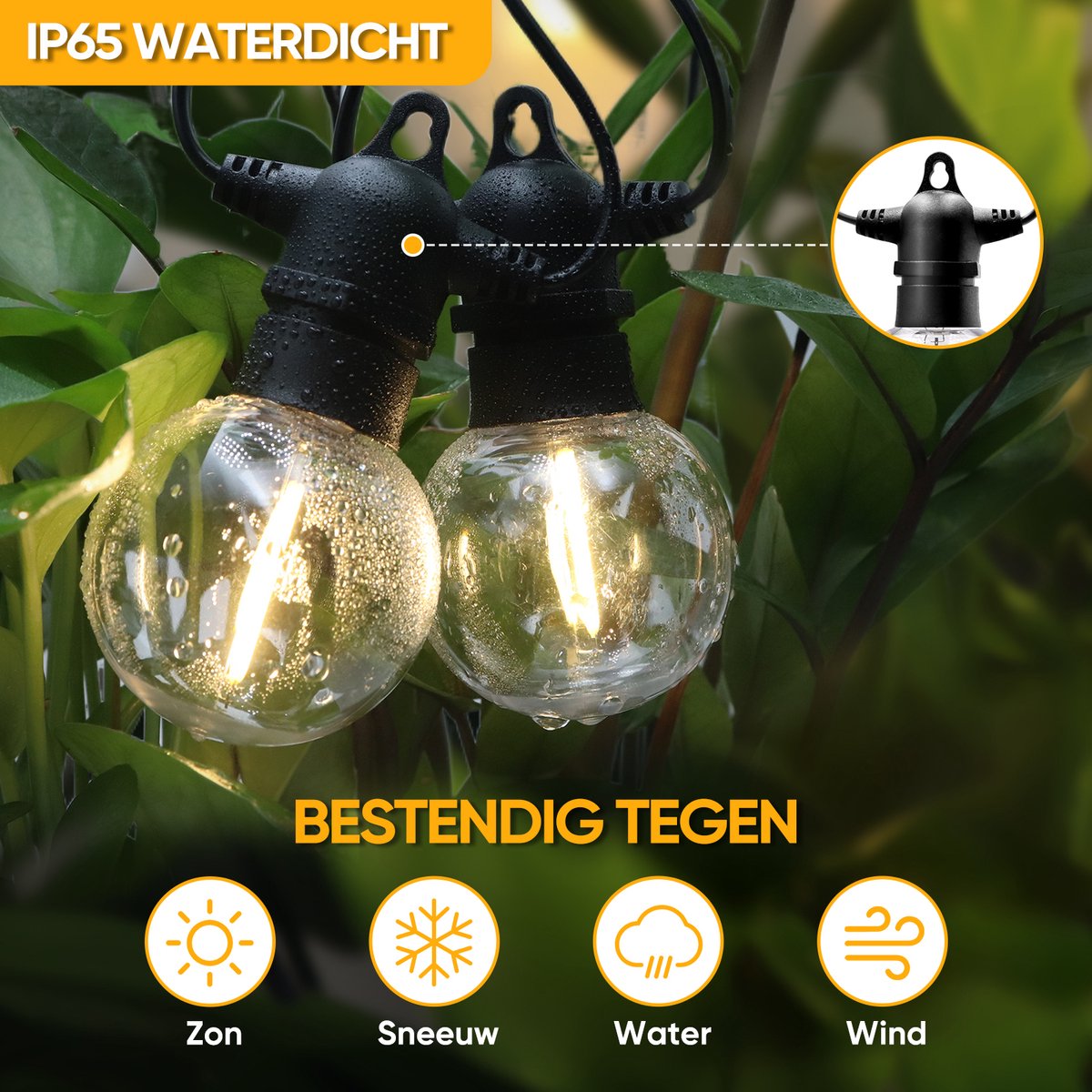 EverNeeds G50 Lichtsnoer Buiten - Prikkabel 12m - 25 LED - IP65 - Met Dimfunctie - Lichtslinger - Sfeerverlichting Buiten en Binnen - Warm Wit 2700K - 3 Extra LED’s - afbeelding 4