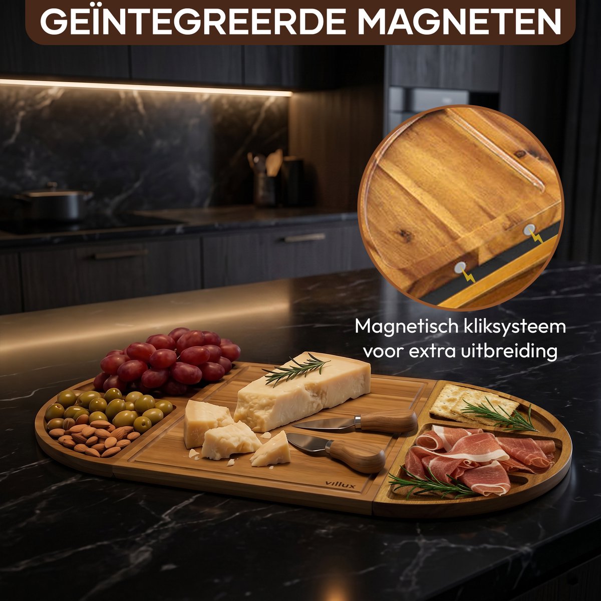 Villux Tapasplank - Borrelplank - Serveerplank - Kaasplank - Hapjesplank - Taspasplank Acacia - Borrelplank Magnetisch- Inclusief Ebook - 66CM - afbeelding 2