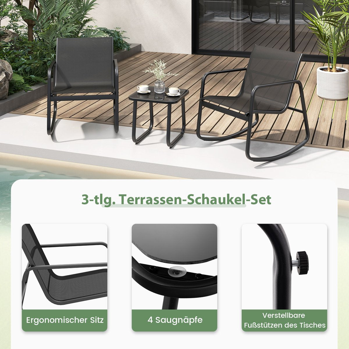 COSTWAY 3-delige tuinmeubelset, balkonset met 2 stoelen en tafel, balkonmeubels met zachte schommelbeweging, terras - afbeelding 2
