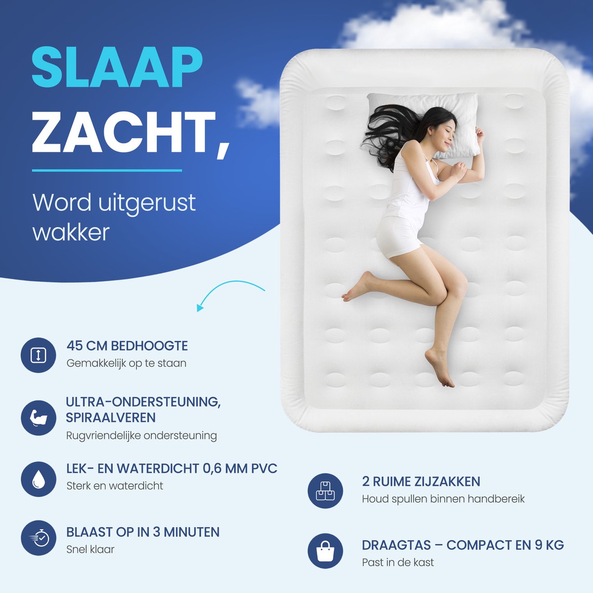 FLOAT - 2 Persoons luchtbed met ingebouwde elektrische pomp - 203x152x45 cm - Opbergzakken, draagtas en reparatiekit - Zelfopblazend hoog twee persoons luchtmatras - Logeerbed King - VersaVento - afbeelding 3
