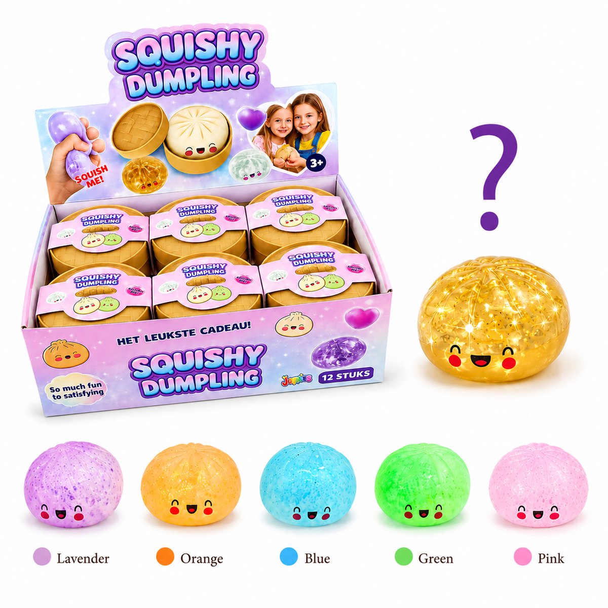 Jeppies® Squishy Dumpling – Stressbal Fidget Toy – Glitter Kleuren – Blind Box – 1 stuk - Kans op Golden Secret - afbeelding 1