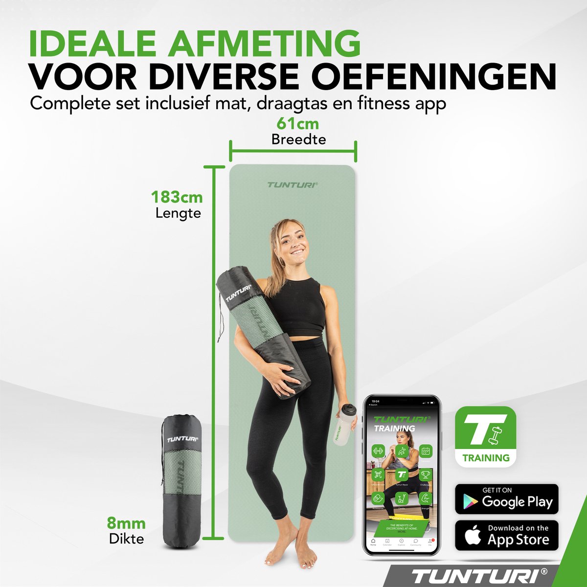 Tunturi Yoga Mat 8mm - Pilates mat - Extra dikke fitness mat - 183x61x0,8 cm - afbeelding 2
