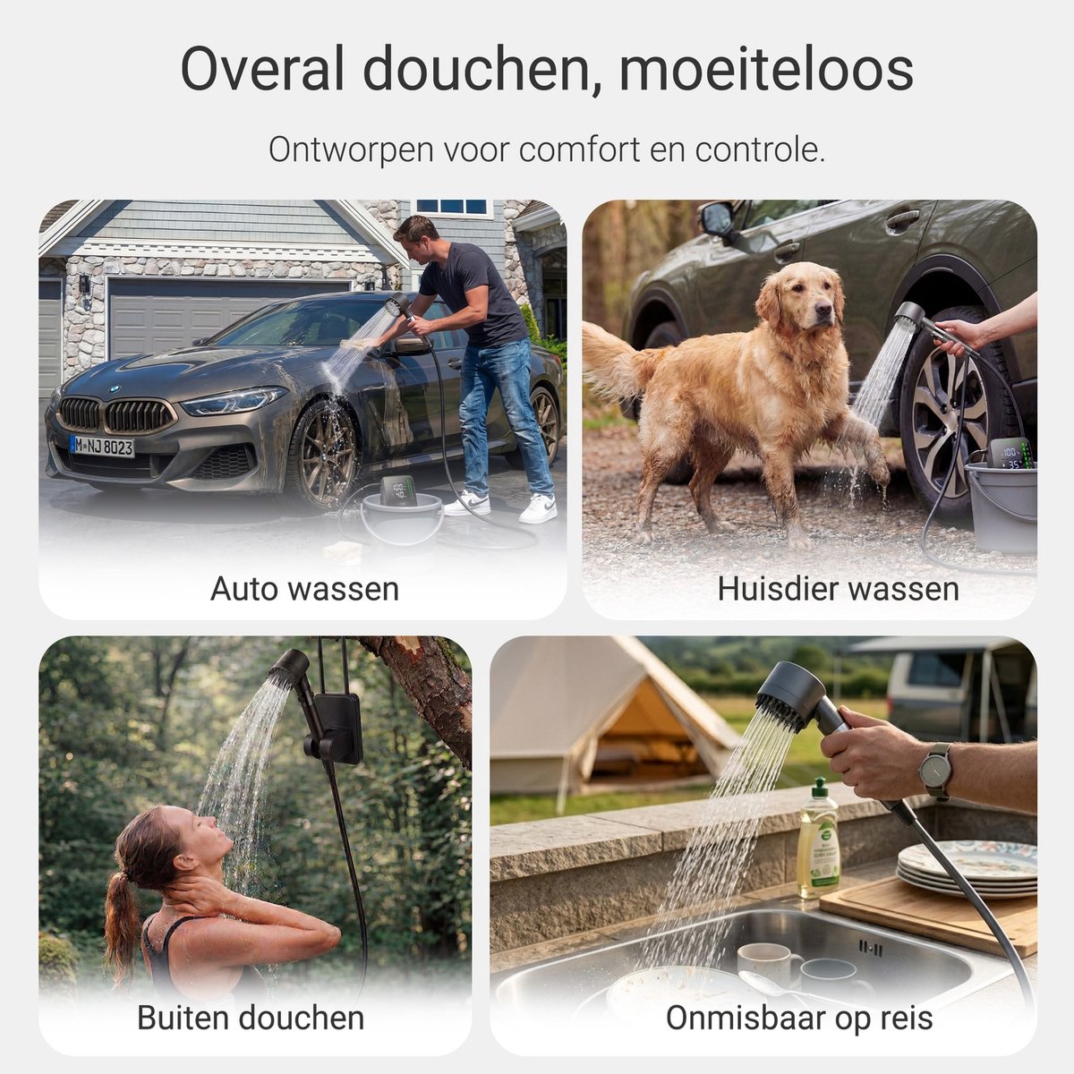 Oplaadbare Camping douche met 2 waterfilters - 24x douchebeurten - 3 Standen (Mist, Normaal, Vol) - Buitendouche voor kamperen, honden, auto, fiets en camper - Draagbare - FLOAT Oasis - afbeelding 4