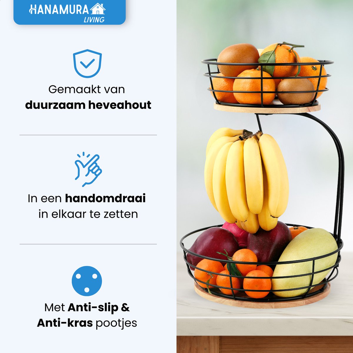 Hanamura Fruitschaal Etagere - Fruitmand 2 laags - Met bananenhanger - afbeelding 2
