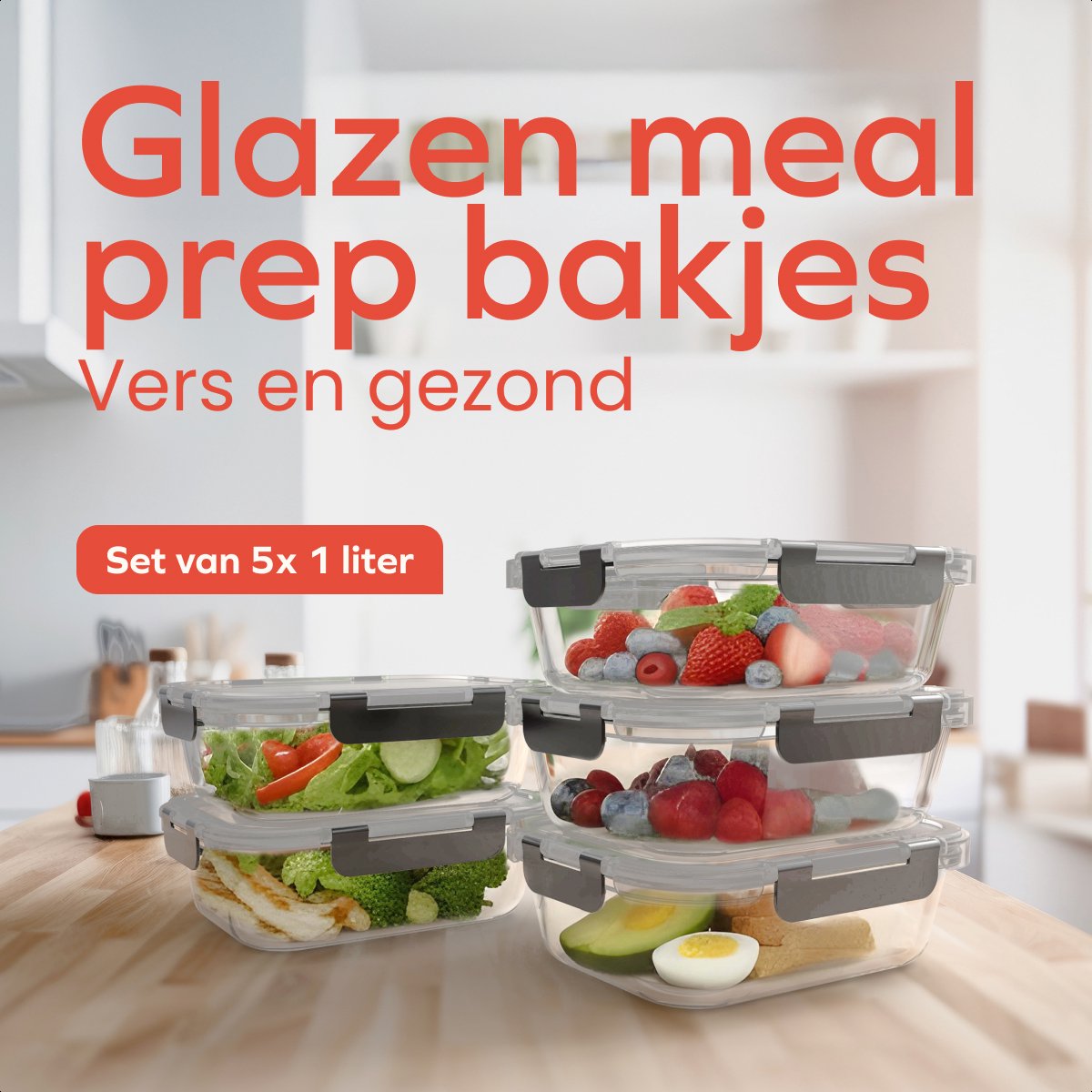 KitchenBrothers Meal Prep Bakjes - Glazen Vershoudbakjes - Luchtdicht - BPA-vrij- 1L - Glas - 5 Stuks - afbeelding 2