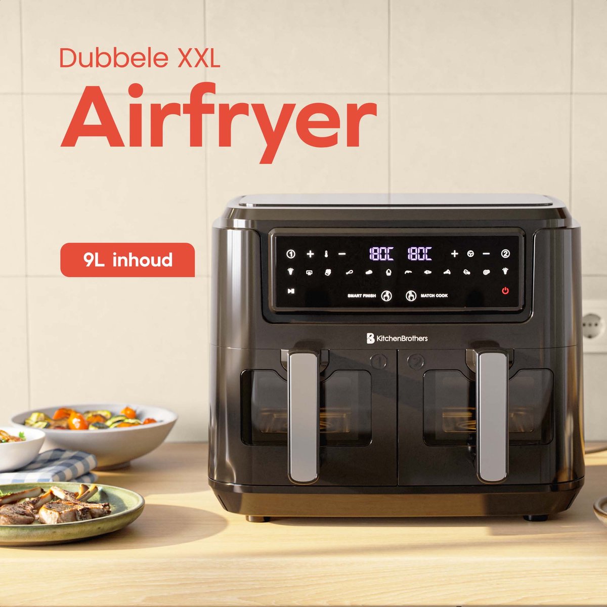 KitchenBrothers Dubbele Airfryer - PFAS-vrij - 2400W - Dual Zone - 9L - Heteluchtfriteuse - Airfryer XXL - 2 x 4.5L - 10 Kookprogramma's - Zwart - afbeelding 2