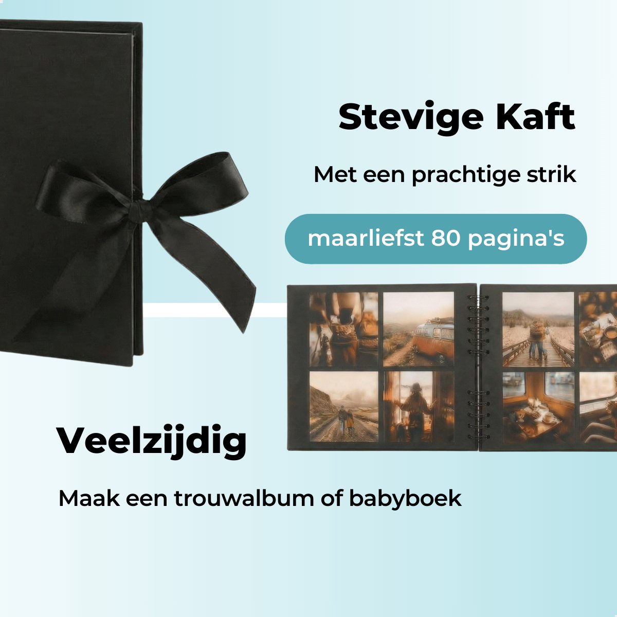 RENALUX Fotoalbum Plakalbum - Scrapbook Album - Plakboek - Foto Album - Gastenboek Bruiloft - Baby Album- 80 Pagina's - Zwart - afbeelding 3