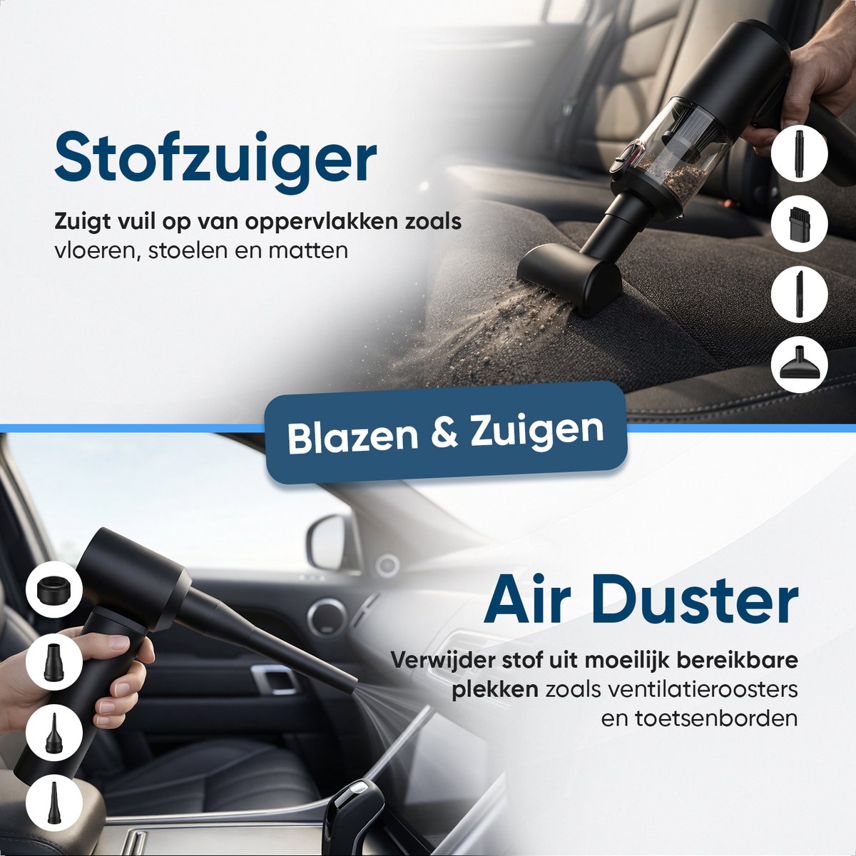 CarMe 2-in-1 Auto Stofzuiger Pro - Zuigen & Blazen - Kruimeldief - 8 Opzetstukken - Oplaadbaar - Handstofzuiger - Air Duster - Zwart - afbeelding 3