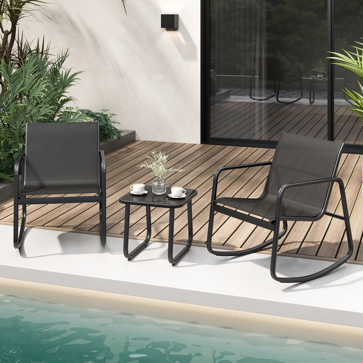COSTWAY 3-delige tuinmeubelset, balkonset met 2 stoelen en tafel, balkonmeubels met zachte schommelbeweging, terras - afbeelding 4