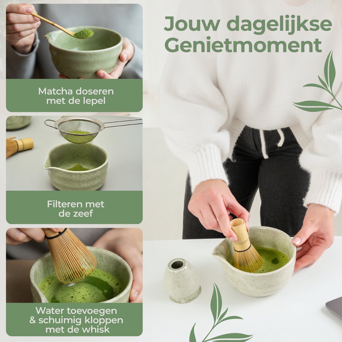 Comforder Matcha Set - 5 Delige Starterkit met Whisk Klopper en Kom - Thee Set Groen - afbeelding 3