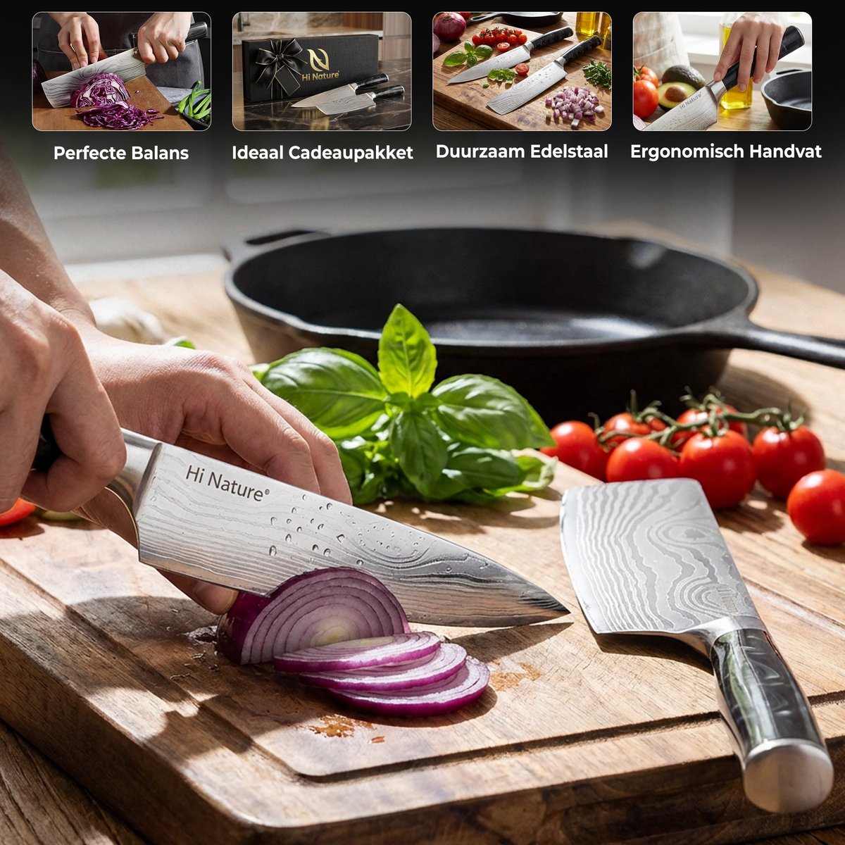 HI NATURE™ Koksmessen set 2 | Messensets 2-Delige Koksmes 20 cm & Nakiri Mes 17 cm Lemmet - Koksmes japans - Chef knife Damascus Patroon - Keuken Mes - Japans Snijmes | Ergonomisch Handvat - Japanse messen - Zwart - afbeelding 2