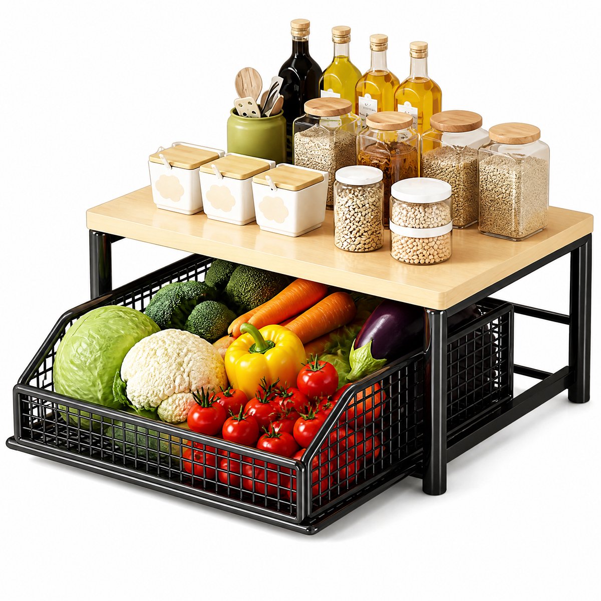 Verrijdbaar magnetronrek met lade - ijzeren frame en houten blad - keukenrek voor aanrecht, groente- en fruitmanden, potten en kruiden - zwart - afbeelding 1