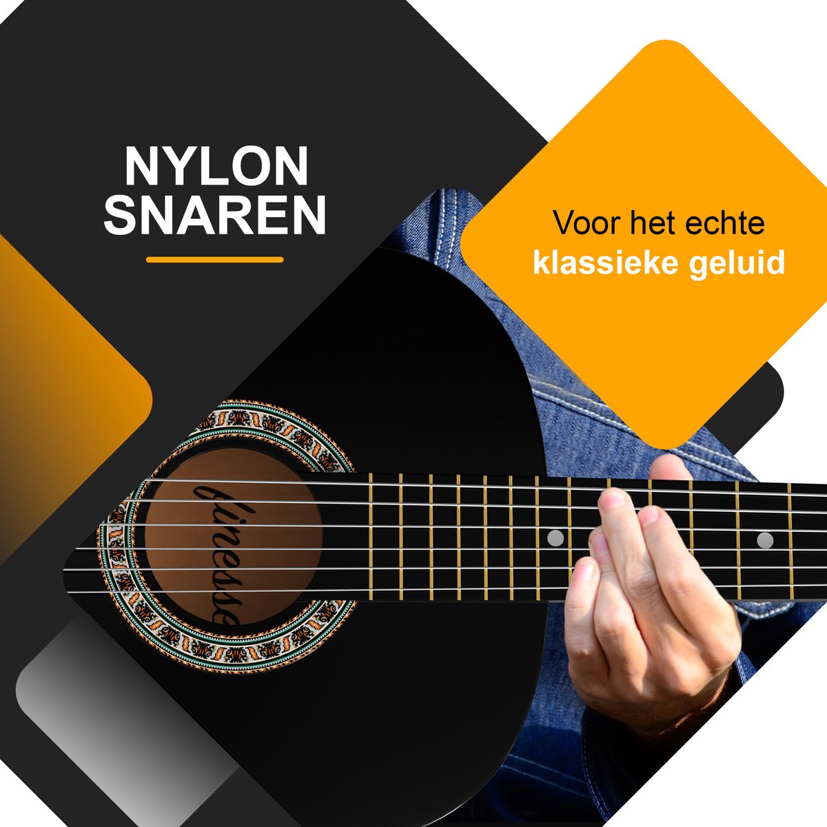 Finesse Akoestische Gitaar - met Videocursus - Nylon Snaren - Klassieke Gitaar - Spaanse Gitaar - Kind - Volwassenen - Zwart - afbeelding 2