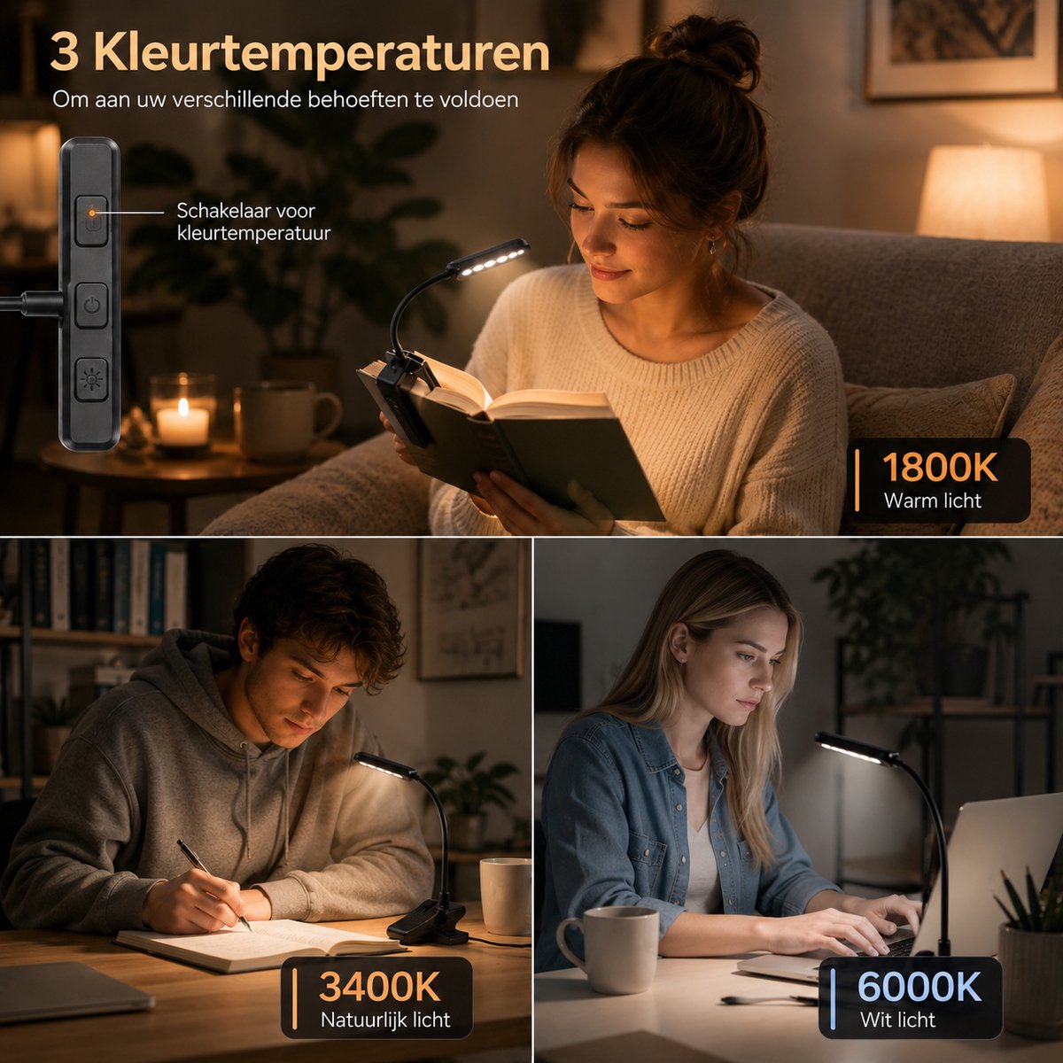 Sounix LED Leeslampje voor Boek met Klem - 315° draaibaar Leeslamp - 24 LED - Boeklampje met 3 Lichtstanden - Oplaadbare boeklamp USB - Dimbaar - Zwart - afbeelding 5