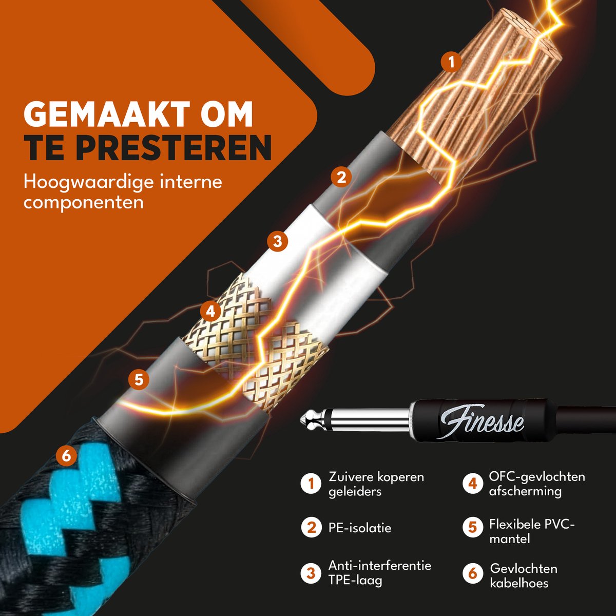 Finesse Gitaarkabel - 300cm - Jack 6.35mm - Audio Kabel - Instrumentkabel - Gitaar Kabel - afbeelding 2