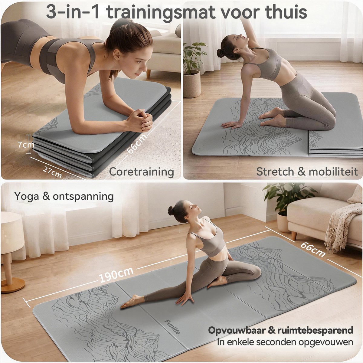 Funlife Opvouwbare Yogamat 190 x 66 cm - 10 mm Dik - Antislip Fitnessmat voor Yoga, Pilates en Thuis Workout - afbeelding 4