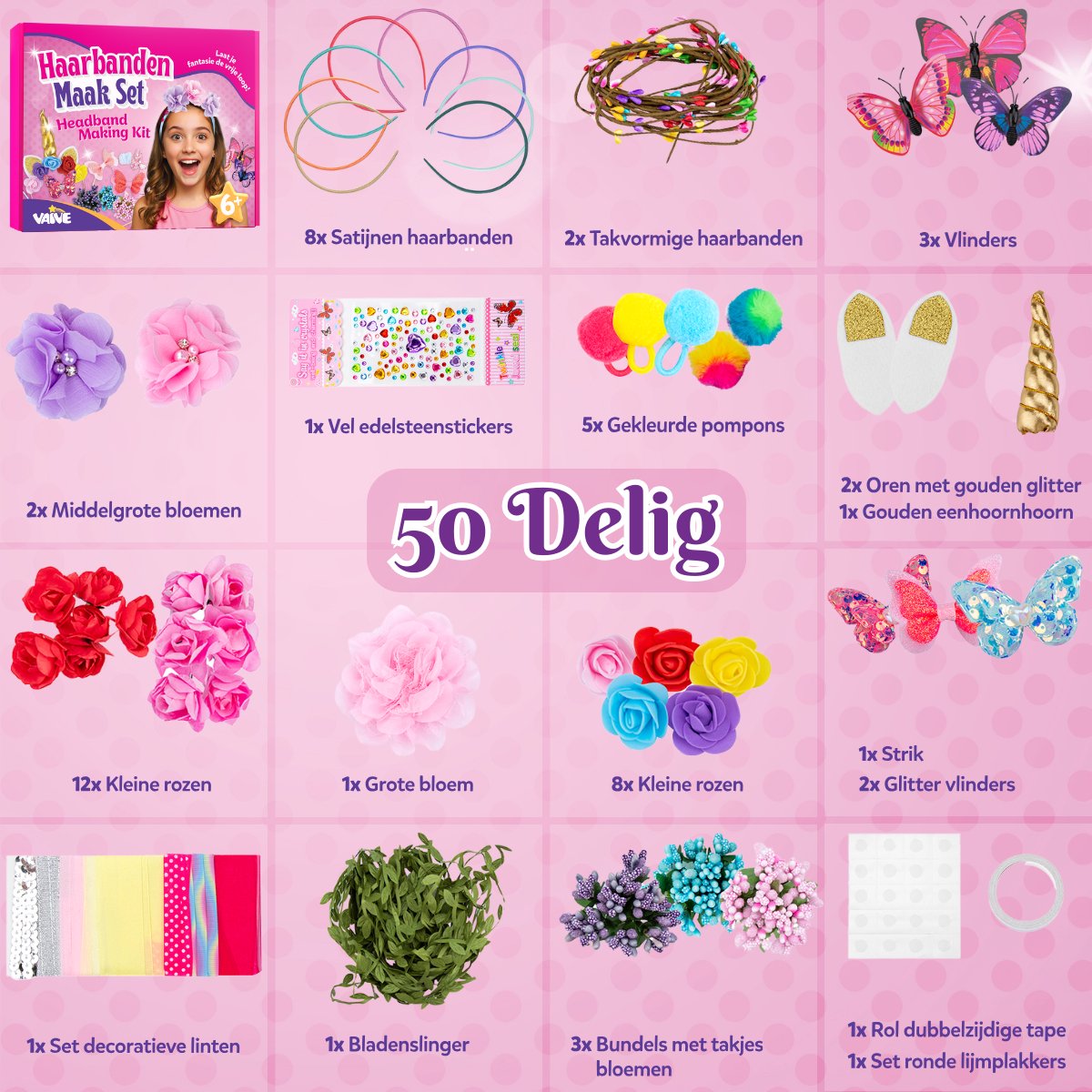 Vaive Haarband Knutselset 54-delig - Maak 10 Haarbanden - Diadeem Knutselen voor Meisjes - Sieraden Maken - afbeelding 4