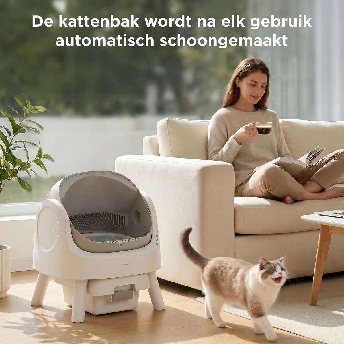 TrevoPet® Automatische Kattenbak - Zelfreinigend & Veilig - Voor Katten tot 12KG - Incl. Mat, 60 Afvalzakjes & Accessoires - 10L Afvalbak - Wit & Grijs - afbeelding 2
