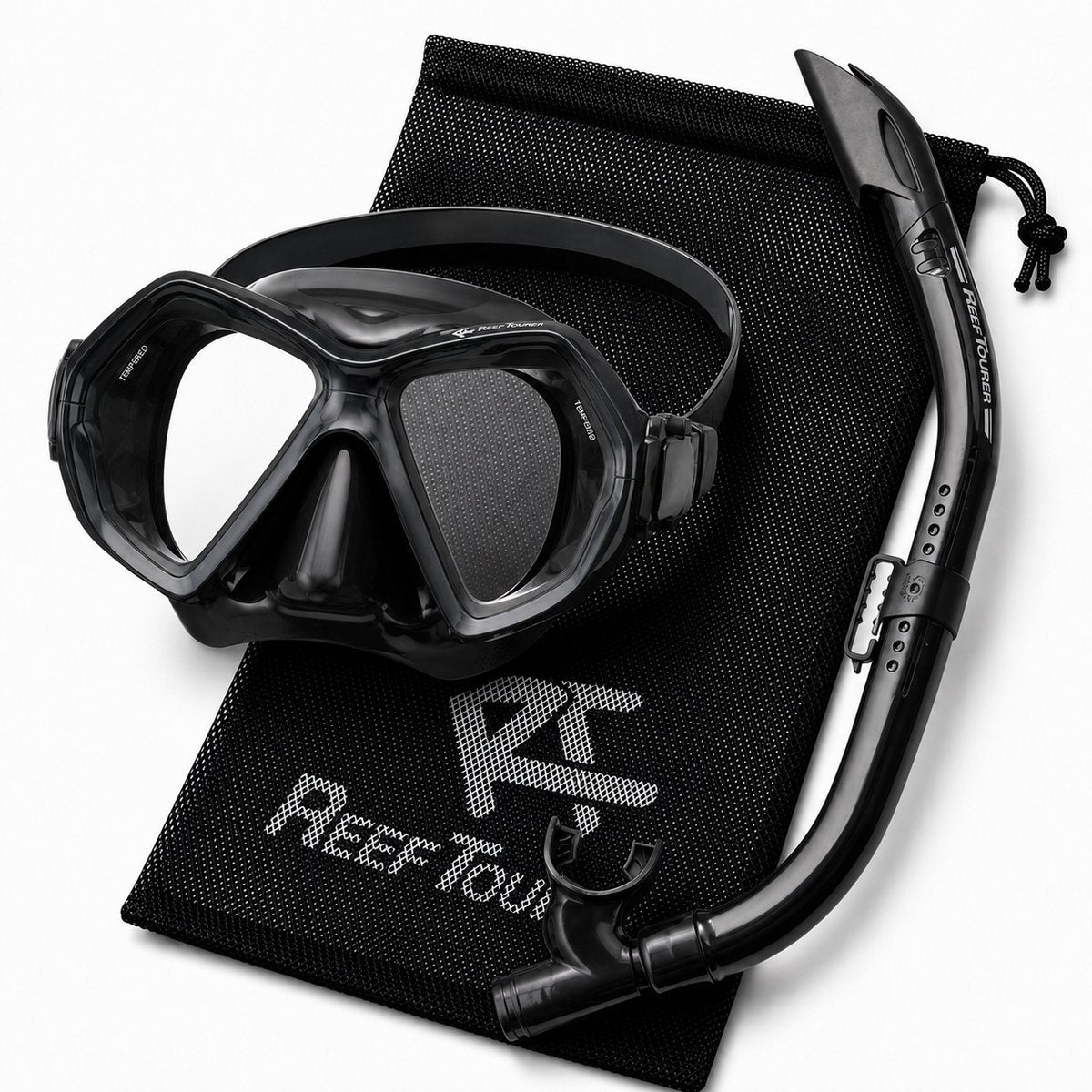 ReefTourer Snorkelset Volwassenen - Hypoallergene siliconen duikbril met snorkel, premium snorkelmasker twee vensters - Zwart - RC-0107 BKBK - afbeelding 1