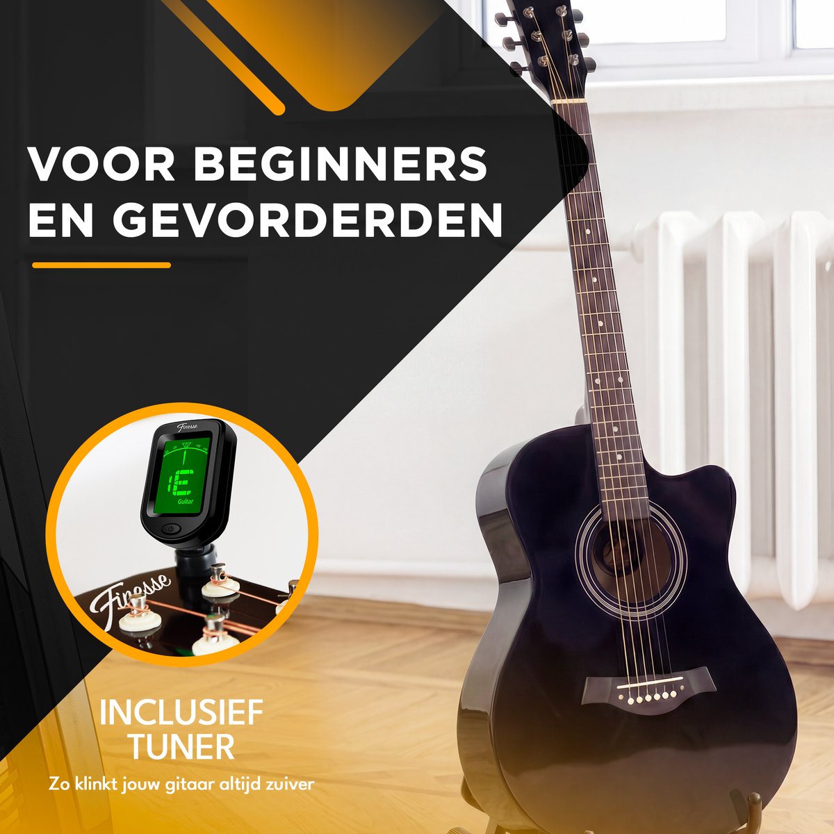 Finesse Akoestische Gitaar - met Videocursus - 4/4 40" - Western Gitaar - Gitaar Kind & Volwassenen - Zwart - afbeelding 2