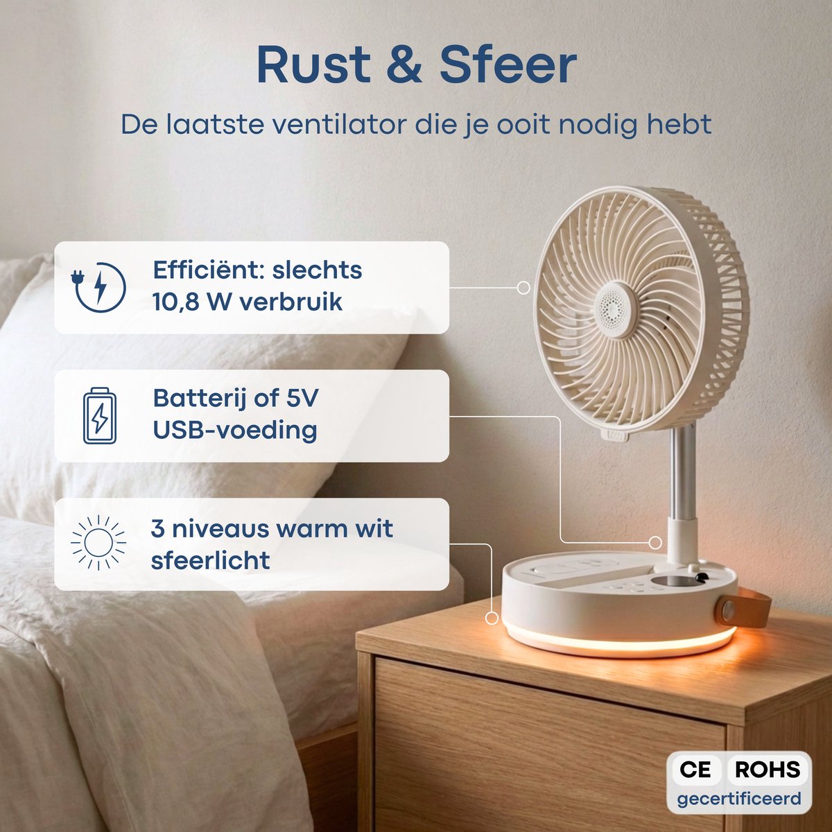 Aironex Opvouwbare Draagbare Ventilator – Stille Tafelventilator & Staande Ventilator – USB Oplaadbaar en Draadloos met LED-licht – Compacte Mini Ventilator voor Bureau, Slaapkamer, Thuis, Kantoor & Camping - Ventilatoren - afbeelding 2