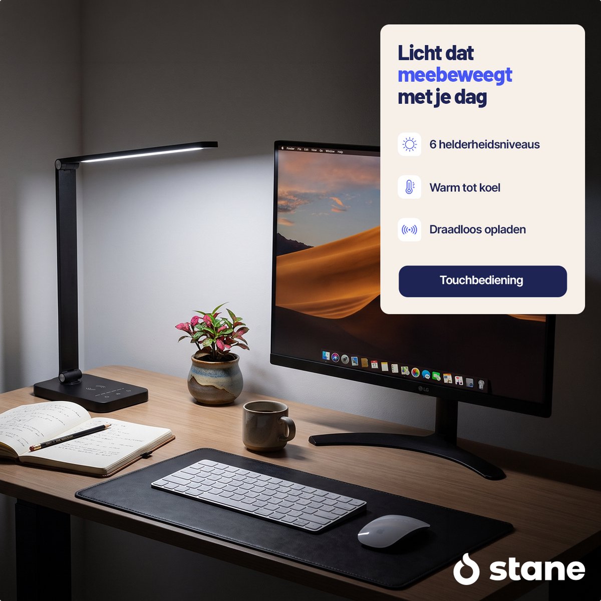 Stane Bureaulamp LED Dimbaar - 5 Lichtkleuren (2700K-6000K) - Touchbediening - USB Oplader - Tafellamp - Leeslamp - Bedlamp - Zwart - afbeelding 4