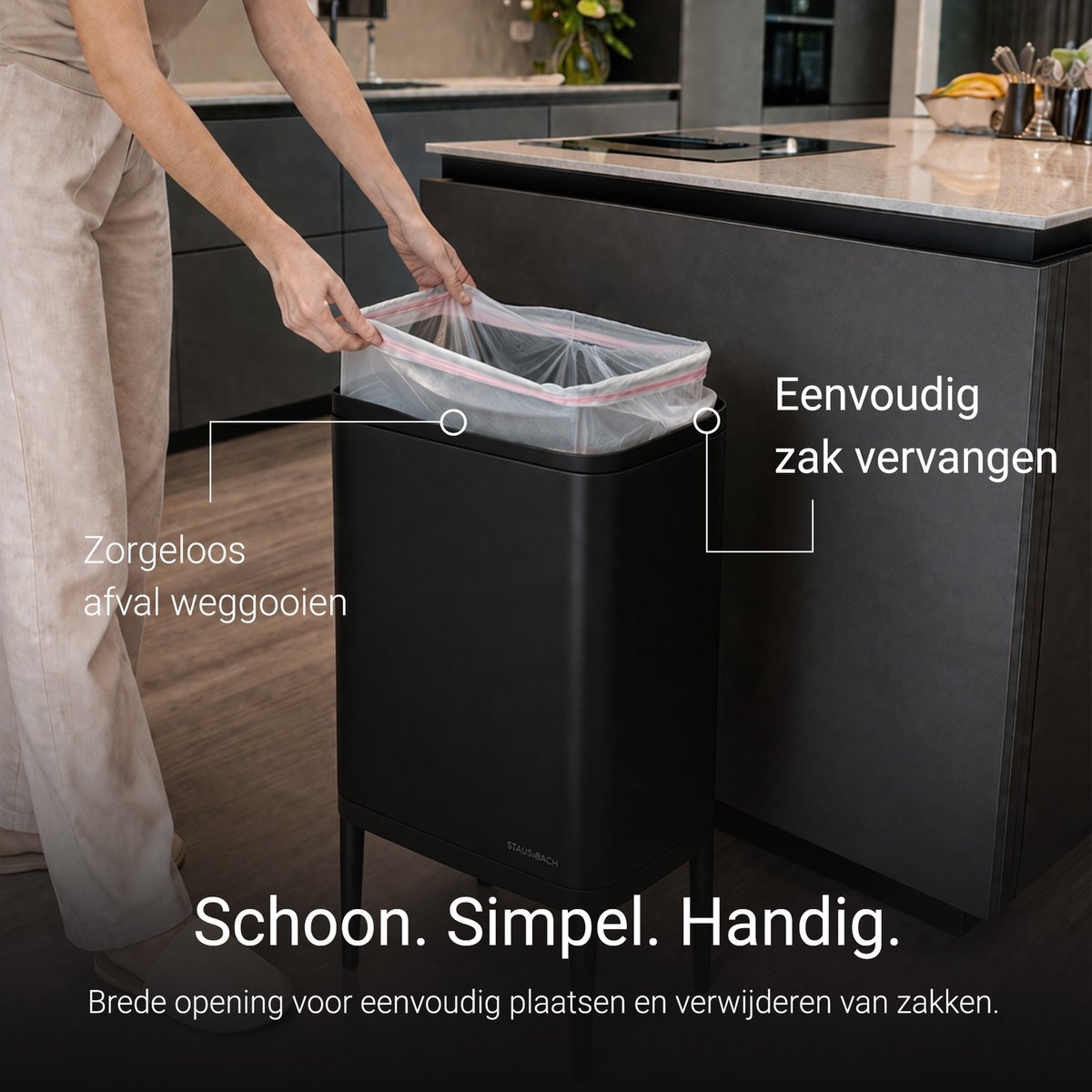 Prullenbak 60 liter - Inclusief afvalscheiderringen 2x 30 liter - 2 vakken - RVS - Zwart - 42x33x76cm - STAUS&BACH Nuvio - afbeelding 5