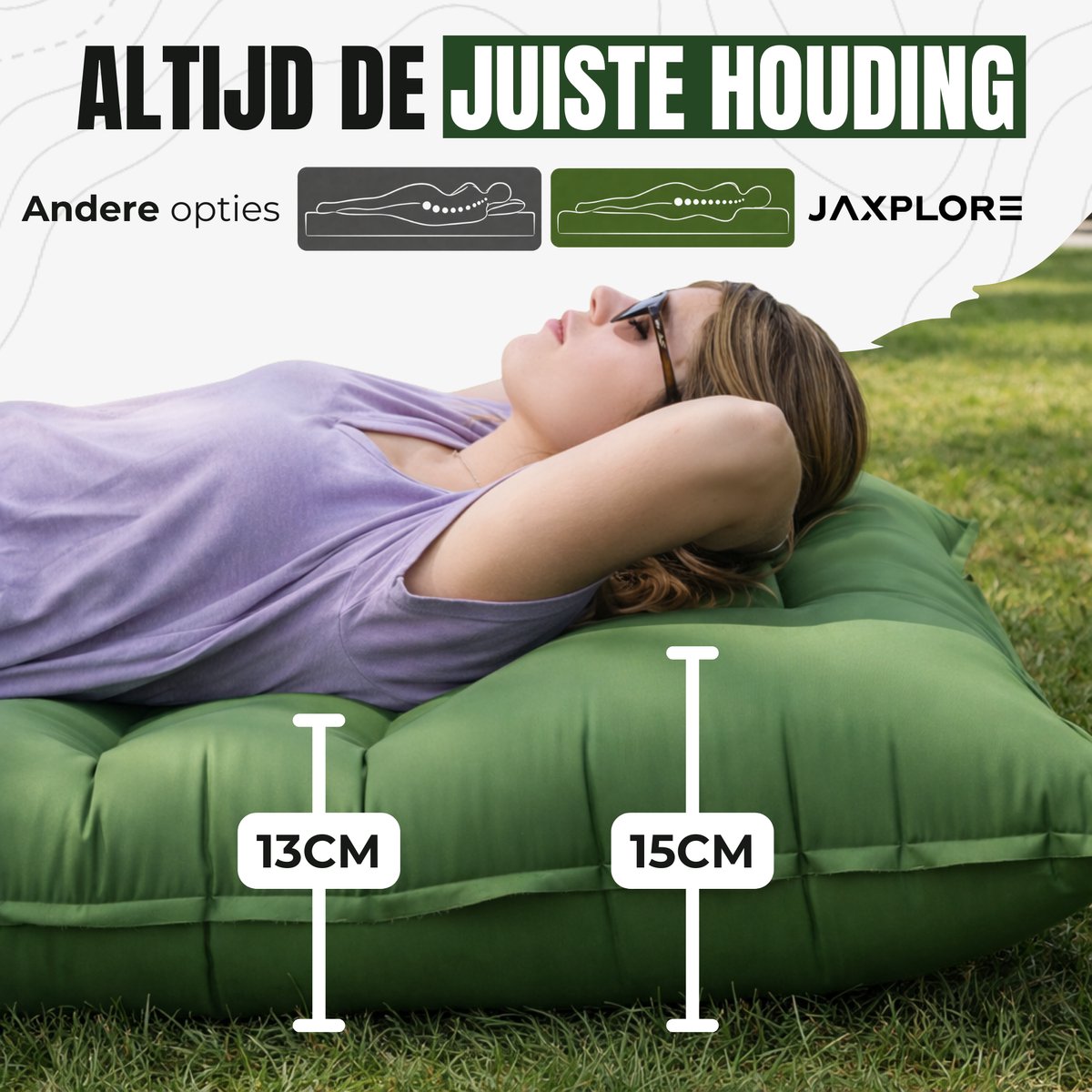 Jaxplore Slaapmat - Zelfopblazend met Ingebouwde Voetpomp & Hoofdkussen - 13cm Dik - Slaap Matje - Luchtbed 1 persoons - Koppelbaar - Camping matras - 200x70x13cm - afbeelding 5