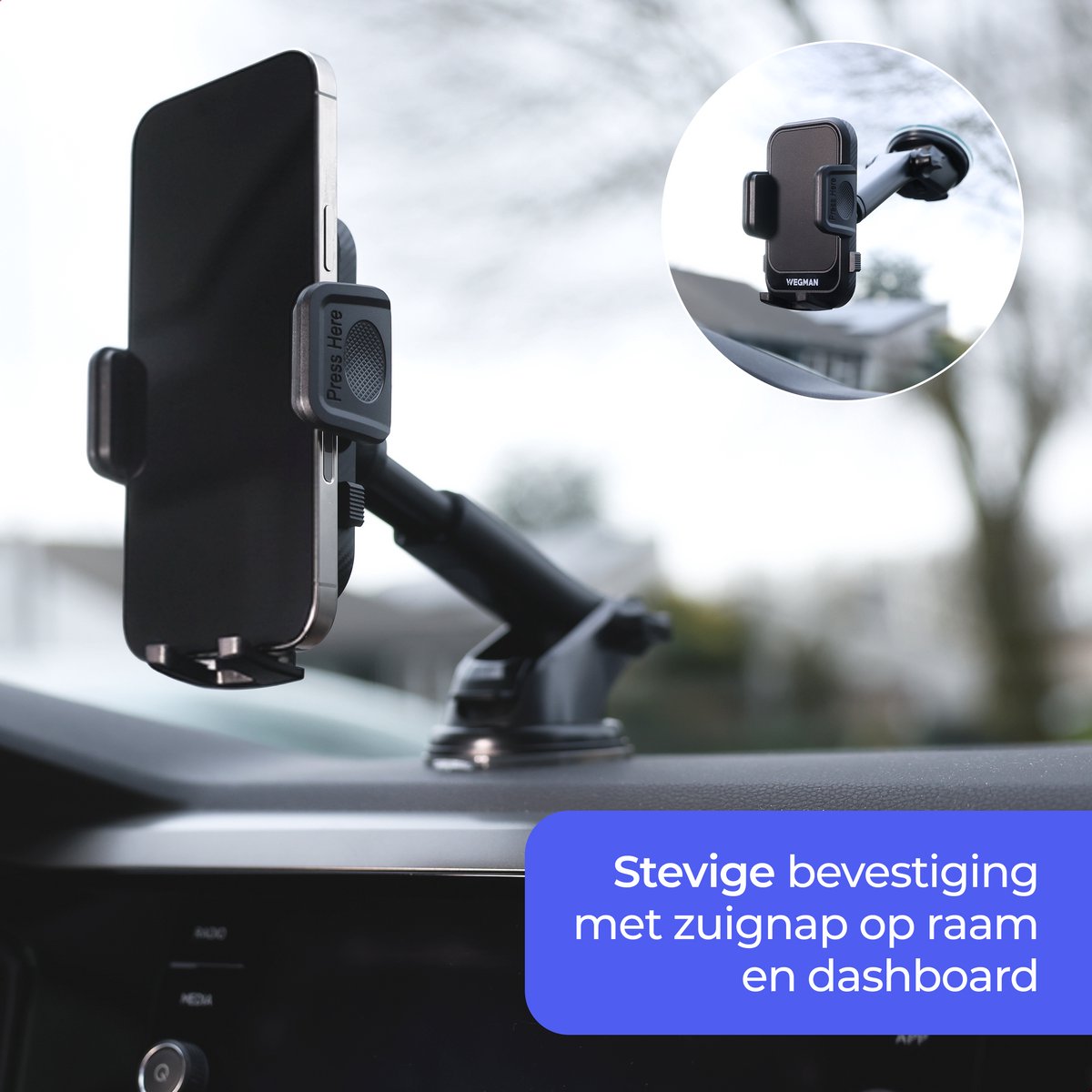 Wegman Telefoonhouder Auto Zuignap - Extra Krachtige Zuignap voor Dashboard en Raam - Telefoonhouders Auto - Zwart - afbeelding 3