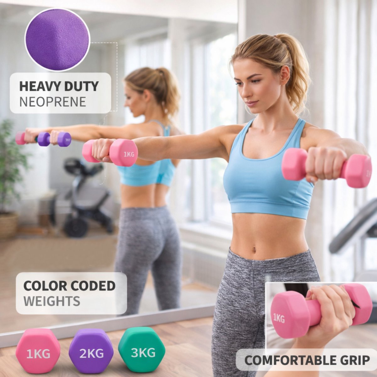 BOTC Dumbbellset - Halterset - Dumbells - Gietijzer - 1/2/3 kg - Roze/Paars/Groen - afbeelding 5