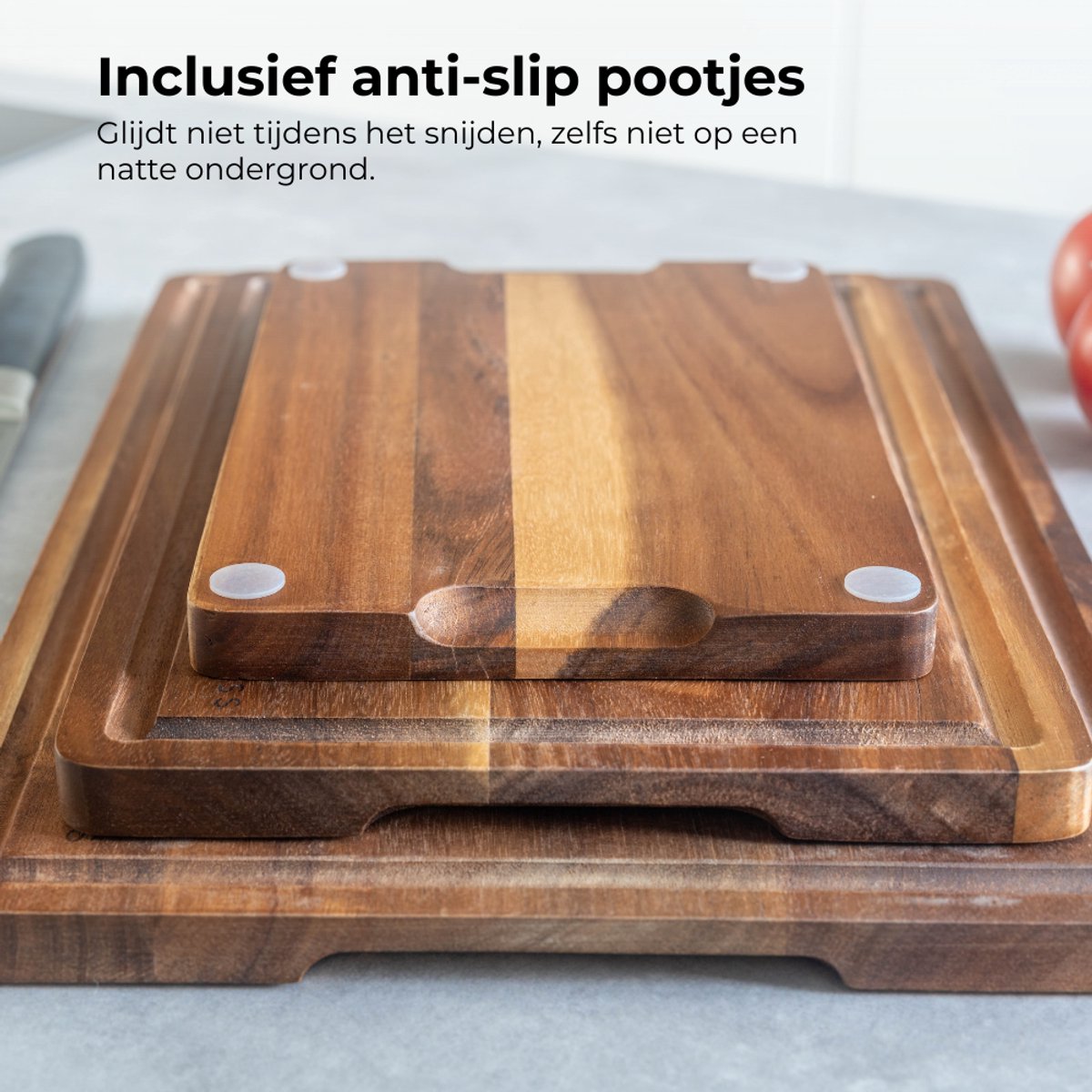 Organess 3-Delige Snijplankenset (38x25.3 / 30.5x20 / 23x15.2 cm) - Voor Keuken, Snijplanken, Serveerplank, Kaasplank, Borrelplank en Tapasplank - Snijplank Acacia Hout - afbeelding 4