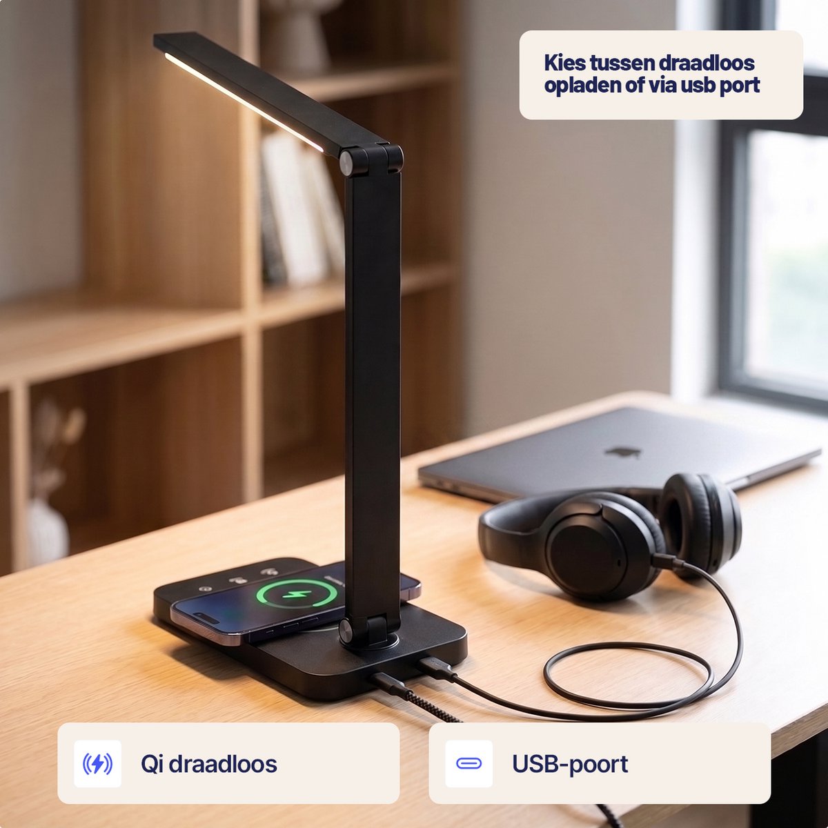 Stane Bureaulamp LED Dimbaar - 5 Lichtkleuren (2700K-6000K) - Touchbediening - USB Oplader - Tafellamp - Leeslamp - Bedlamp - Zwart - afbeelding 3