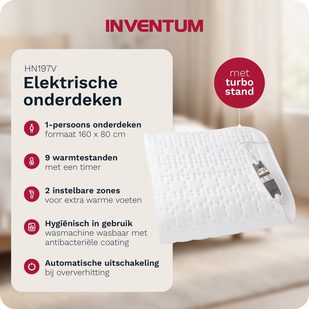 Inventum HN197V elektrische onderdeken 160x80 cm - 1 persoons - Warmtedeken - 9 warmtestanden - Aparte voetzone - Anti-allergie - Antibacterieel - Turbostand - Fleece - Wit - afbeelding 2