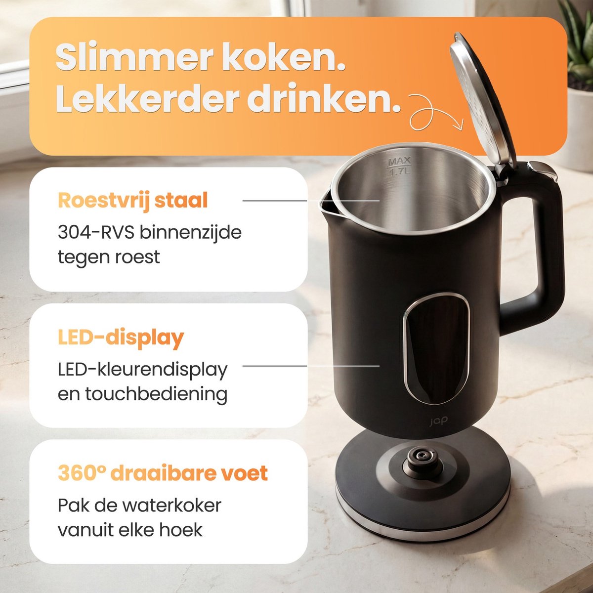 JAP Appliances Aquanova - Waterkoker (1.7 liter) met temperatuurregeling - Warmhoudfunctie - 40°C voor babyvoeding - Zwart - afbeelding 5