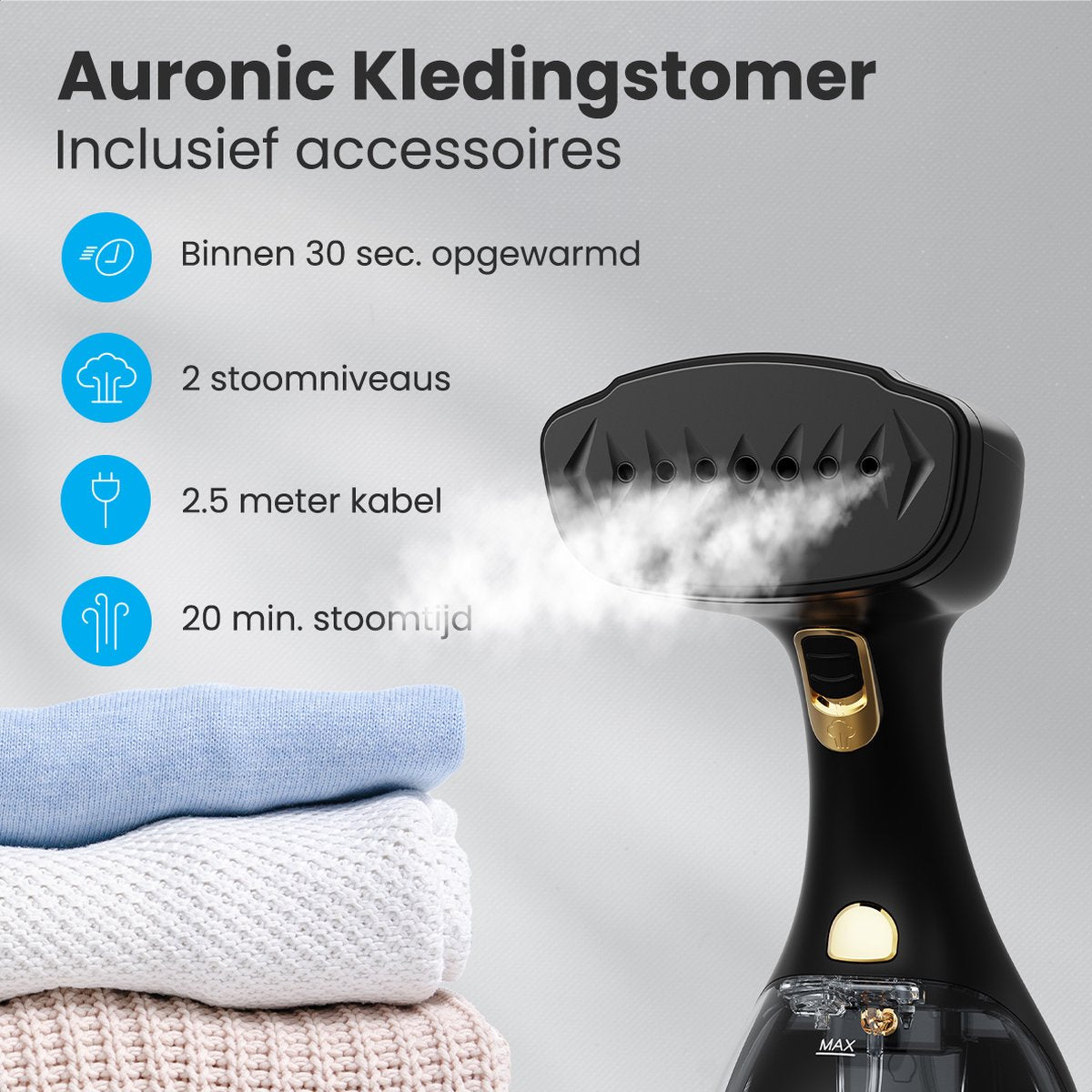 Auronic Kledingstomer - Stoomapparaat - Krachtige Handstomer Kleding en Meubilair - 300ml - 1500W - Steamer - 2 Opzetstukken - Extra Lang Snoer - Zwart - afbeelding 2