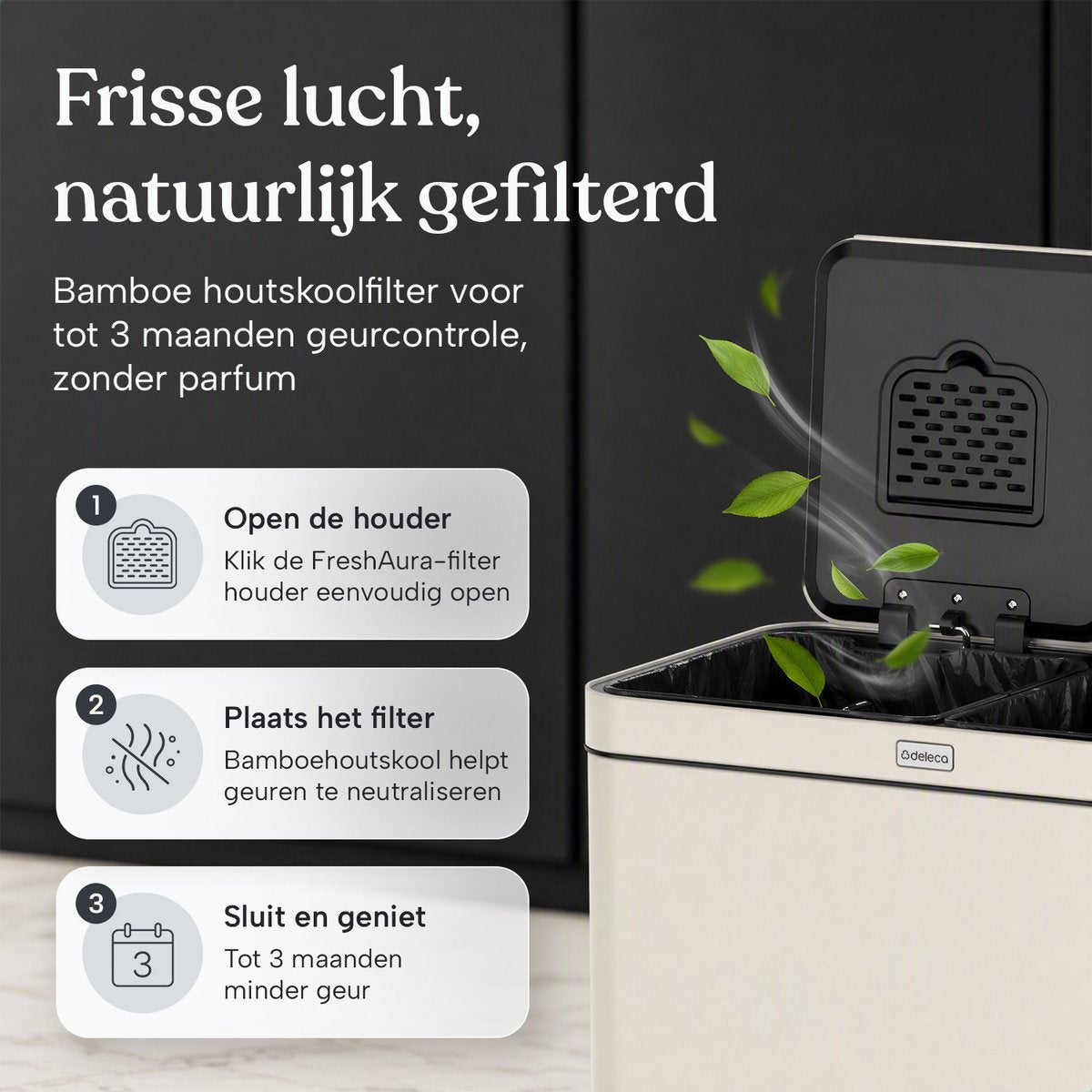 Deleca Recycle Prullenbak met 2 Vakken - 60 Liter (2x30) Afvalbak - Afvalscheiding / Statiegeld container / Pedaalemmer - Vuilnisbak met FreshAura Geurbestrijding - Slow Close - RVS Mat Soft Beige - afbeelding 4