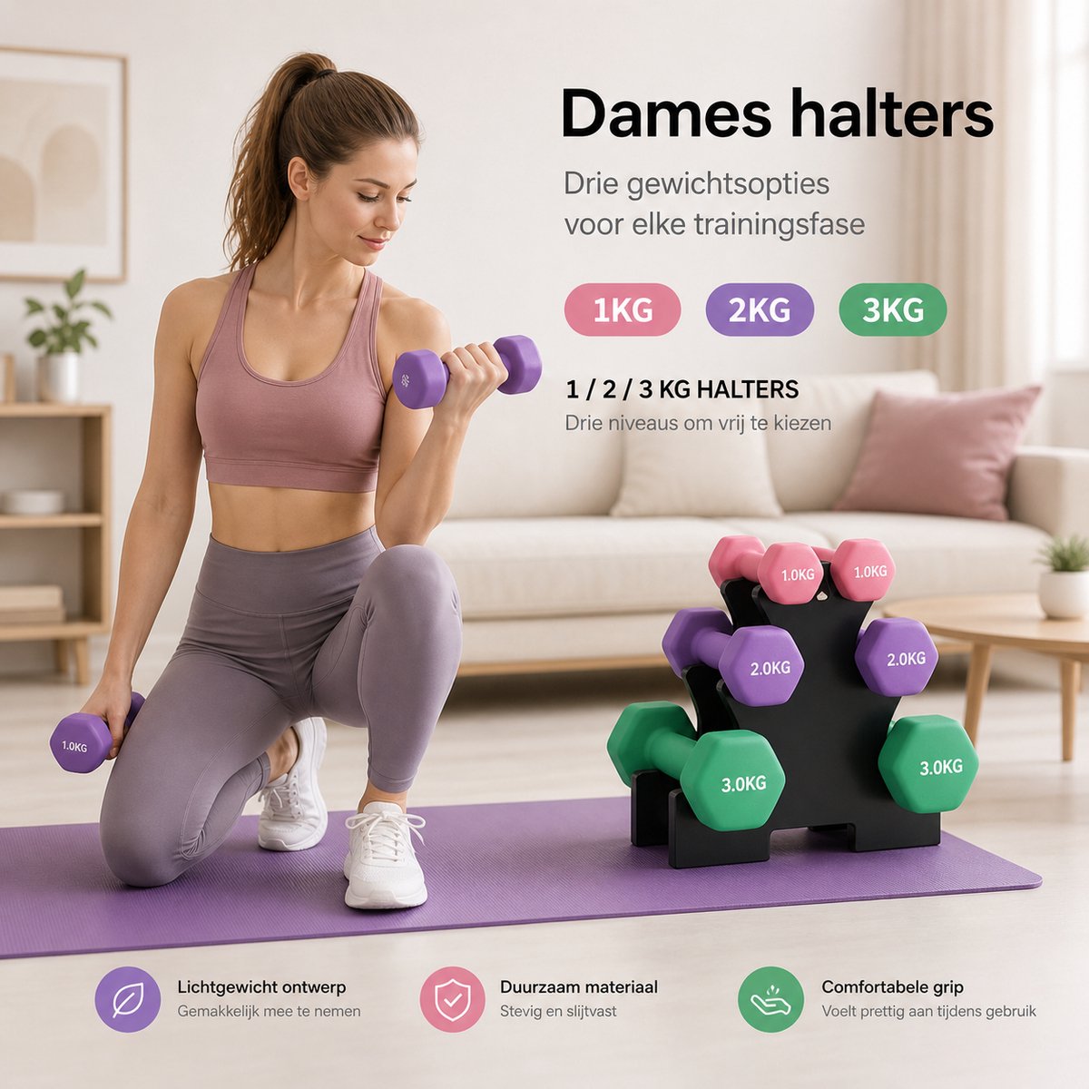 BOTC Dumbbellset - Halterset - Dumbells - Gietijzer - 1/2/3 kg - Roze/Paars/Groen - afbeelding 2