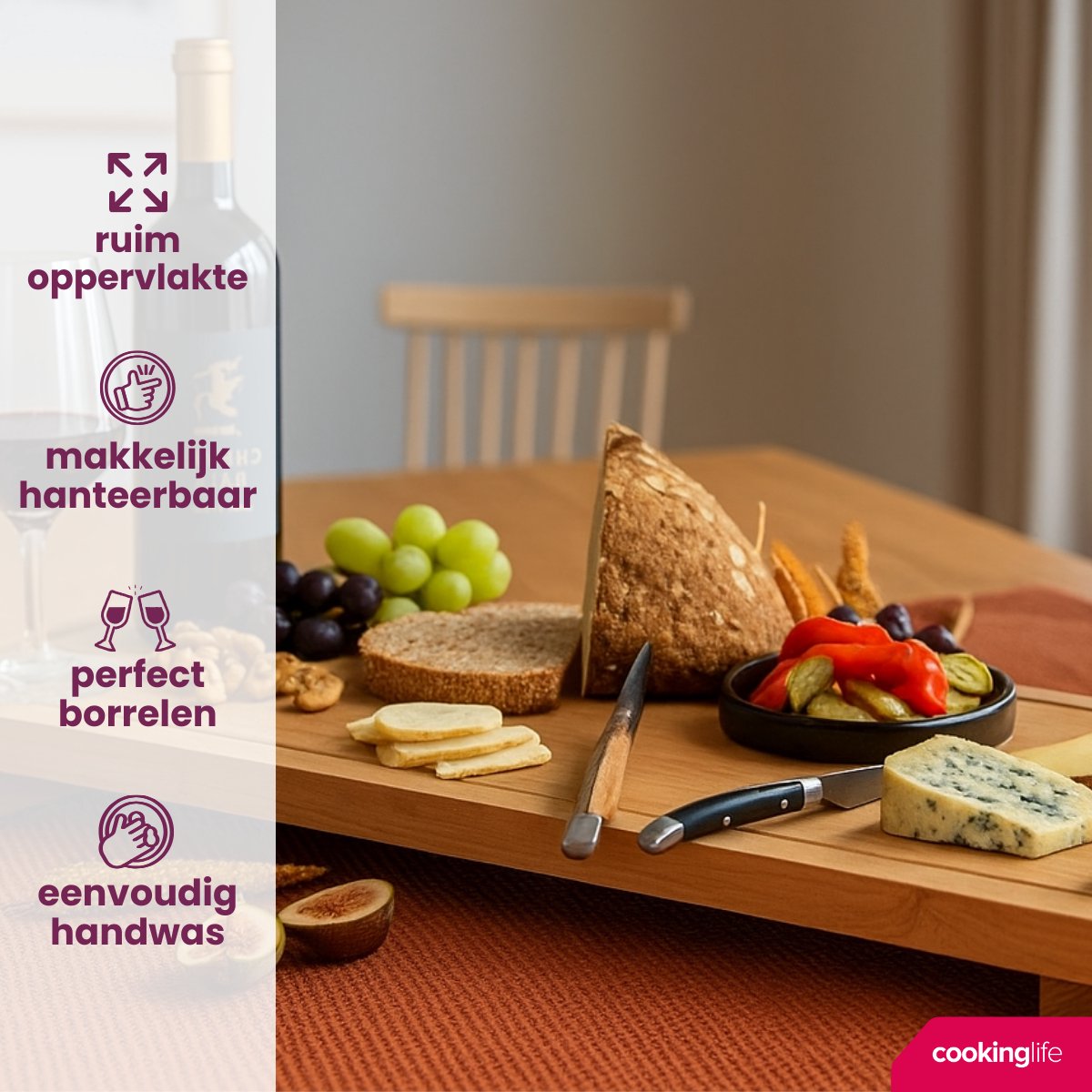 Cookinglife Serveerplank XXL - Bamboe - 100 x 26 cm - Extra Grote Tapasplank - Gemaakt van Duurzaam Bamboe - Voor het Stijlvol Serveren van Hapjes en Gerechten​ - afbeelding 2