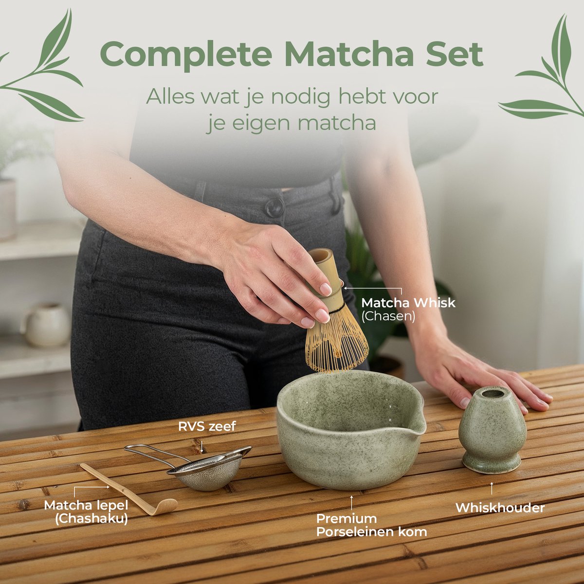 Comforder Matcha Set - 5 Delige Starterkit met Whisk Klopper en Kom - Thee Set Groen - afbeelding 4