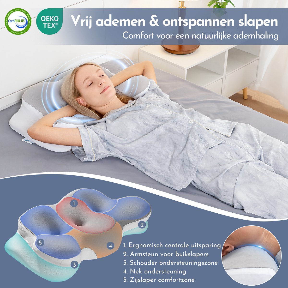 Anti Snurk Kussen – Vlinderkussen – Apneu Slaapkussen – Ademvrij Hoofdkussen – Slaap apneu Kussen – Traagschuim – 2 Hoogtes – 61x36cm – Douzle - afbeelding 3