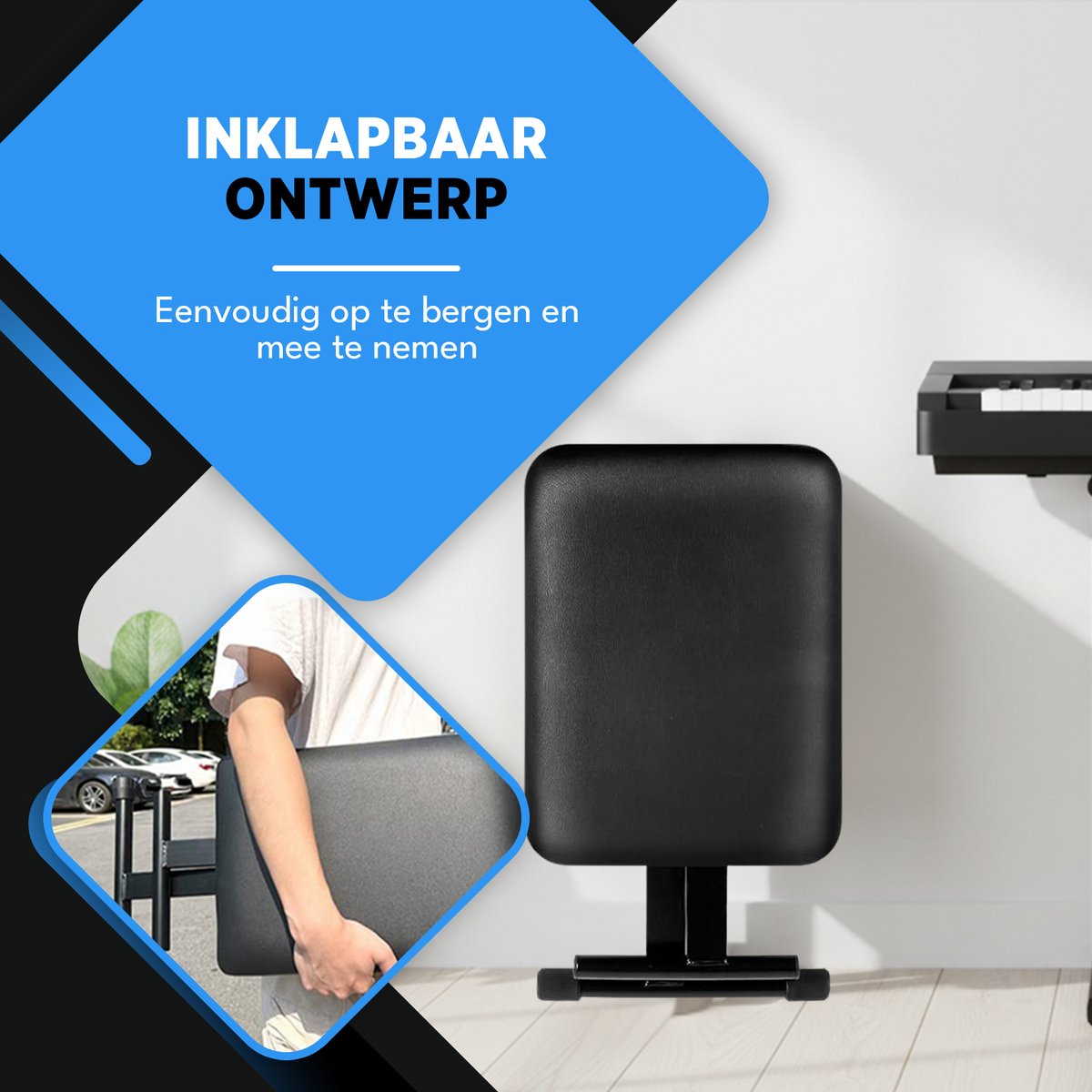 Finesse Pianokruk - Inklapbaar - in Hoogte Verstelbaar - met Kussen - Pianobank - Pianostoel - Zwart - afbeelding 3