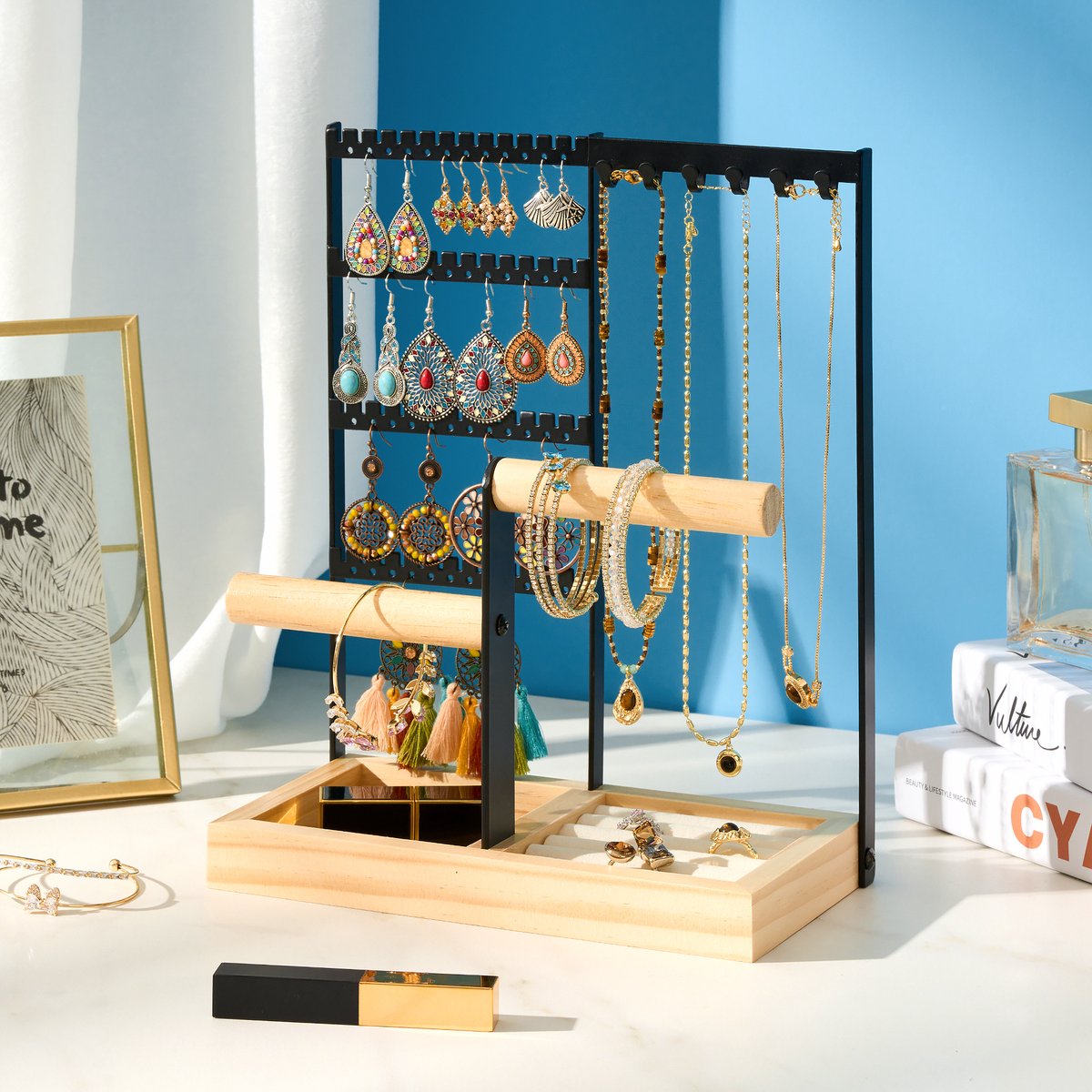 YONO Sieradenhouder - Sieradenrekje - Organizer voor Oorbellen - Kettingen - Armbanden - Opbergen - Houder - Zwart - afbeelding 5