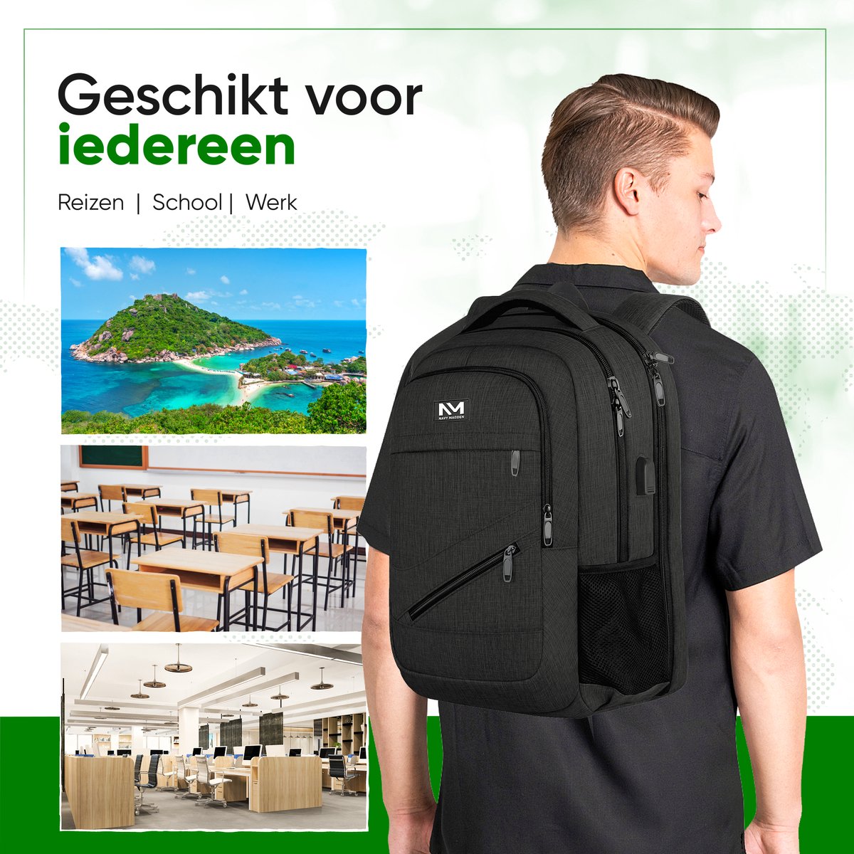 Rugzak met USB Oplaadpoort 17,3 inch Zwart Luxe Laptop Rugtas - Schooltas - Heren - Dames - Jongens - Meisjes - Waterafstotend - Rugzakken - afbeelding 2