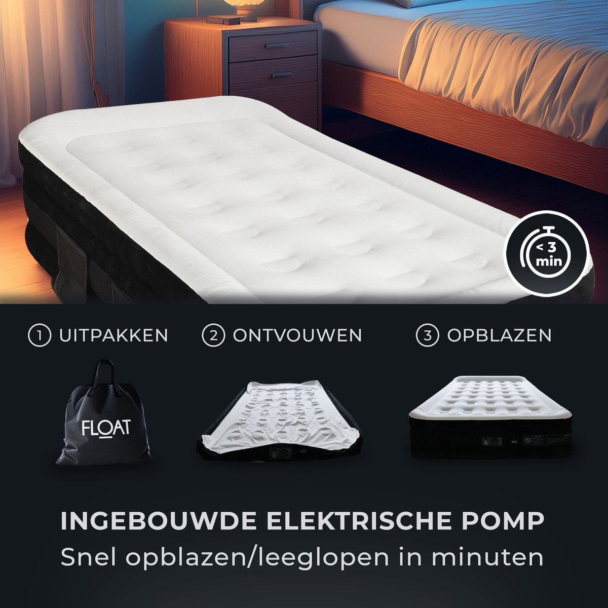 FLOAT - 1 Persoons luchtbed met ingebouwde elektrische pomp - 203x99x45 cm - Opbergzakken, draagtas en reparatiekit - Zelfopblazend hoog eenpersoons luchtmatras - Queen Logeerbed - VersaVento - afbeelding 2
