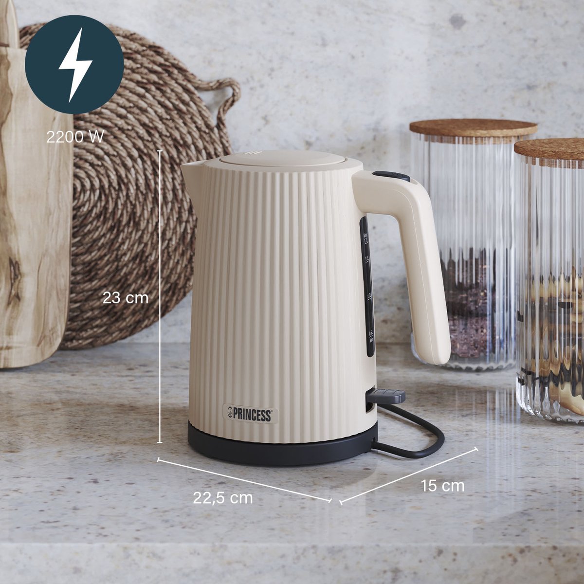 Princess Waterkoker Wave 236048 - Retro - 1.7 liter - BPA-vrij - Waterniveau indicator - 2200W - Beige - afbeelding 3