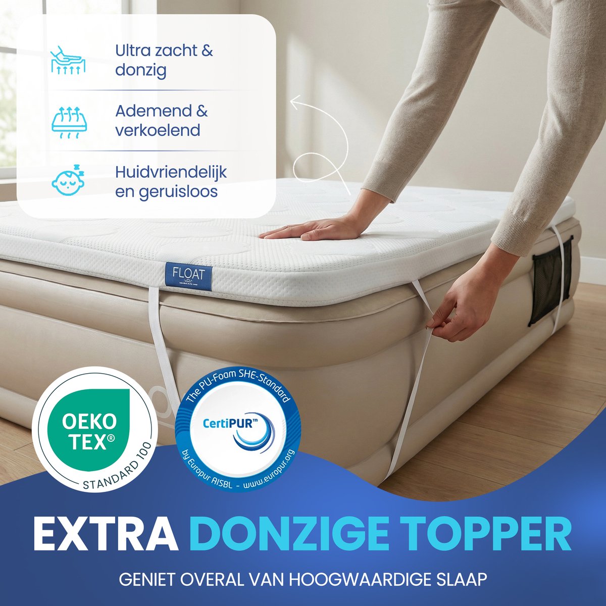 FLOAT - 2 Persoons luchtbed met (5 cm) Foam Topper - 203x152x45 cm - Opbergzakken, draagtas en reparatiekit - Zelfopblazend Twee persoons luchtmatras - Ingebouwde elektrische pomp - Stevig Logeerbed - CloudSpring - Beige - afbeelding 2