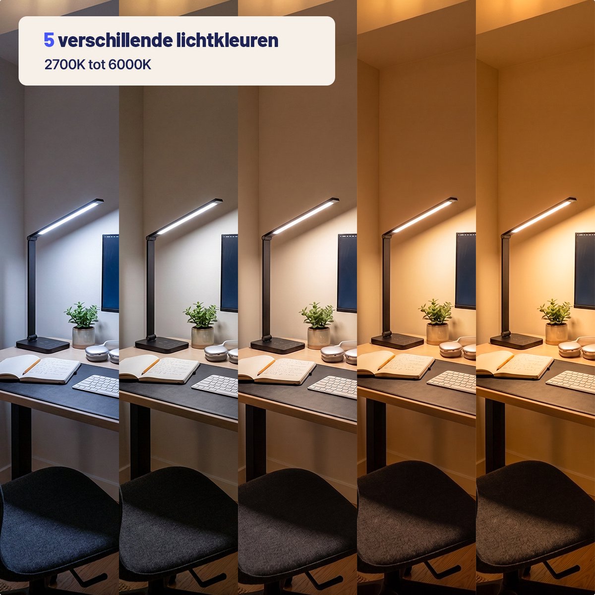 Stane Bureaulamp LED Dimbaar - 5 Lichtkleuren (2700K-6000K) - Touchbediening - USB Oplader - Tafellamp - Leeslamp - Bedlamp - Zwart - afbeelding 5