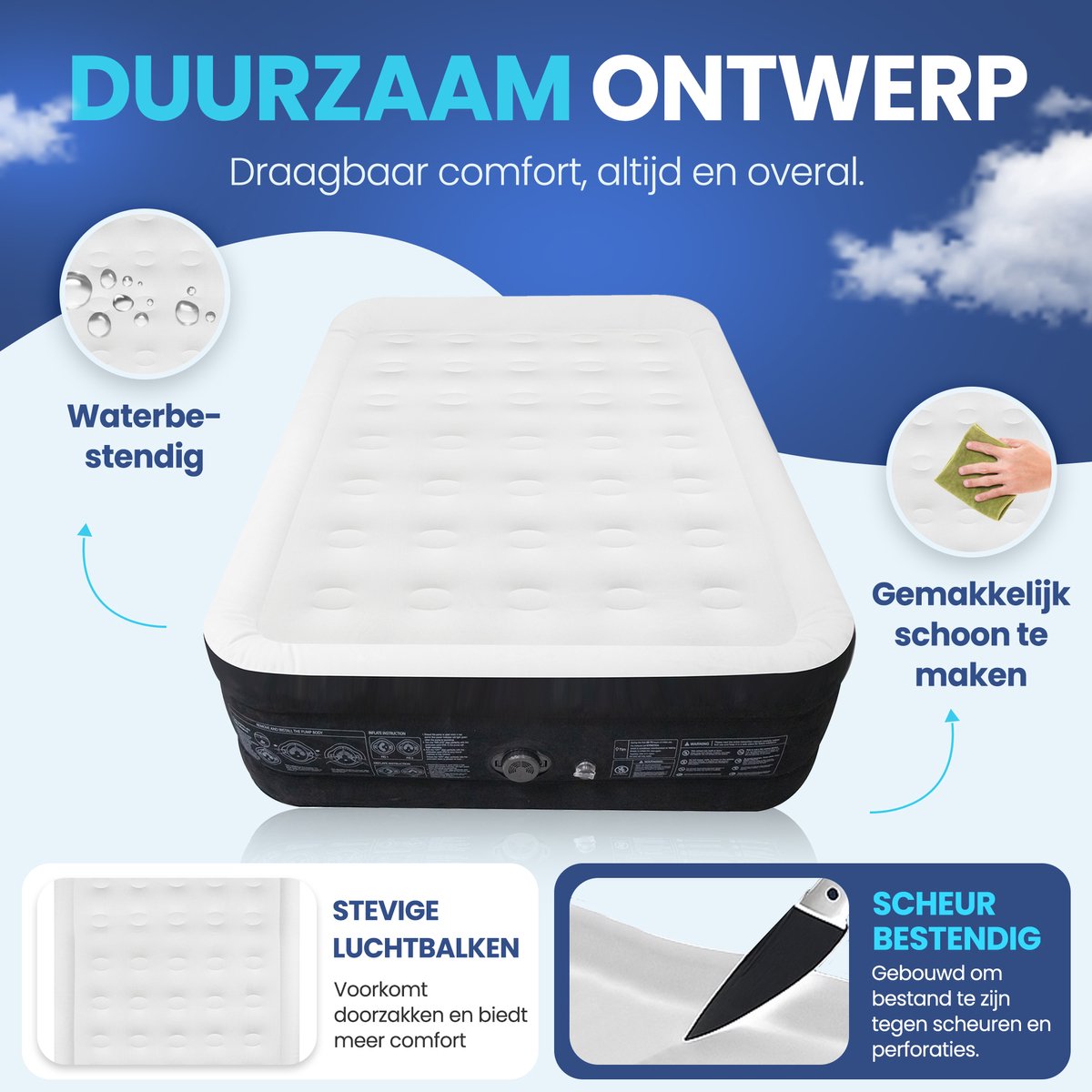 FLOAT - 2 Persoons luchtbed met ingebouwde elektrische pomp - 203x152x45 cm - Opbergzakken, draagtas en reparatiekit - Zelfopblazend hoog twee persoons luchtmatras - Logeerbed King - VersaVento - afbeelding 5